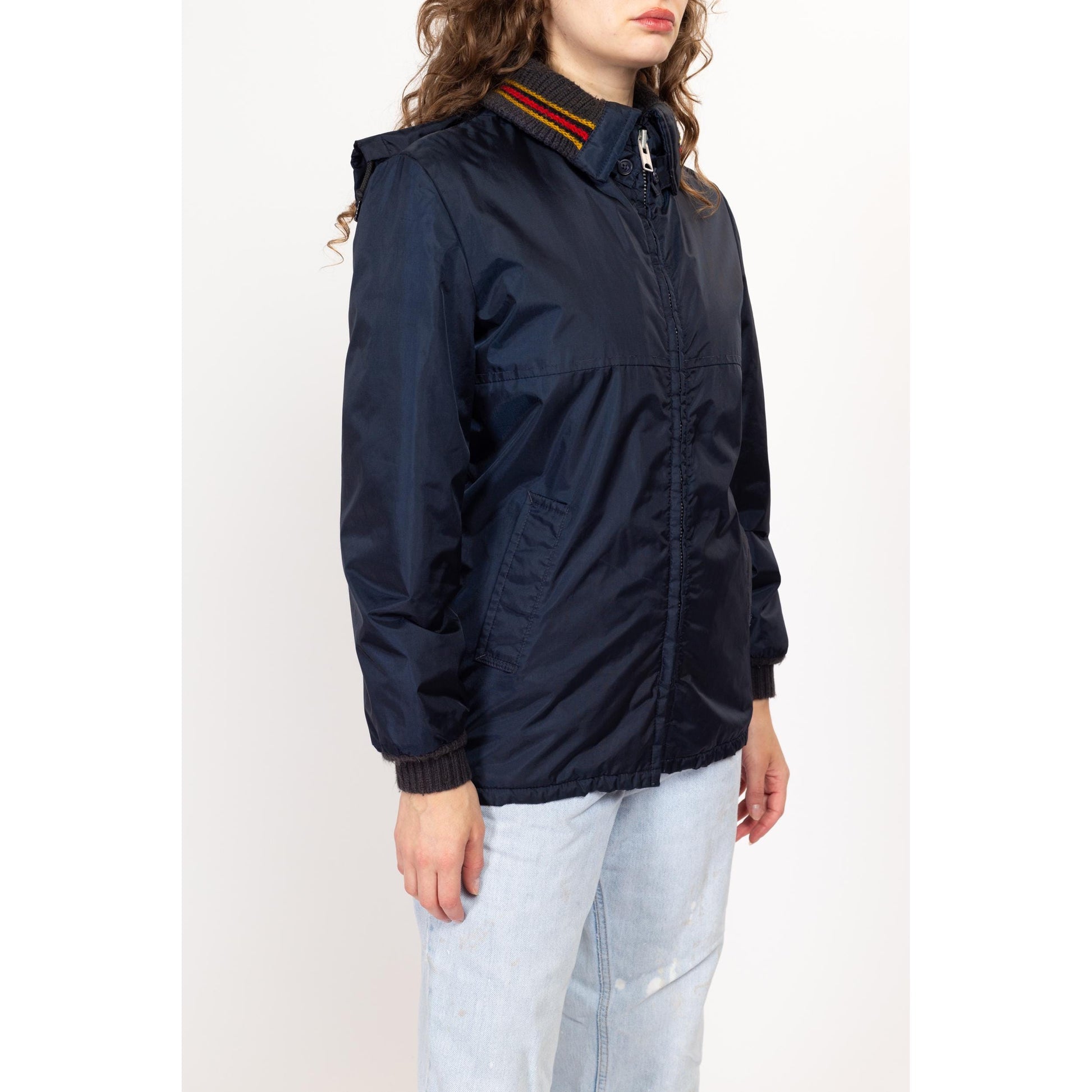 Small 70s Navy Blue Plush Lined Ringer Jacket | Vintage Striped Collar Zip Up Hooded Winter Coat