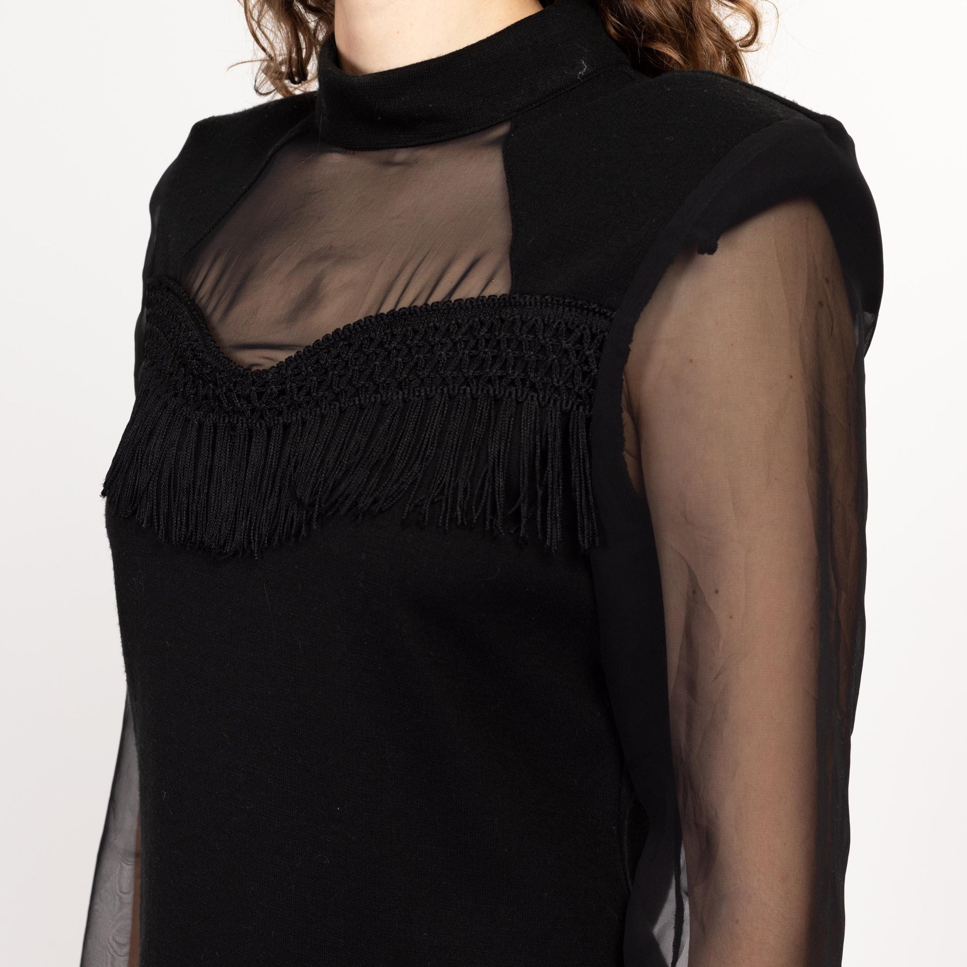 Medium 90s Black Sheer Panel Fringe Sweater Dress Medium 90s Black Sheer Panel Fringe Sweater Dress