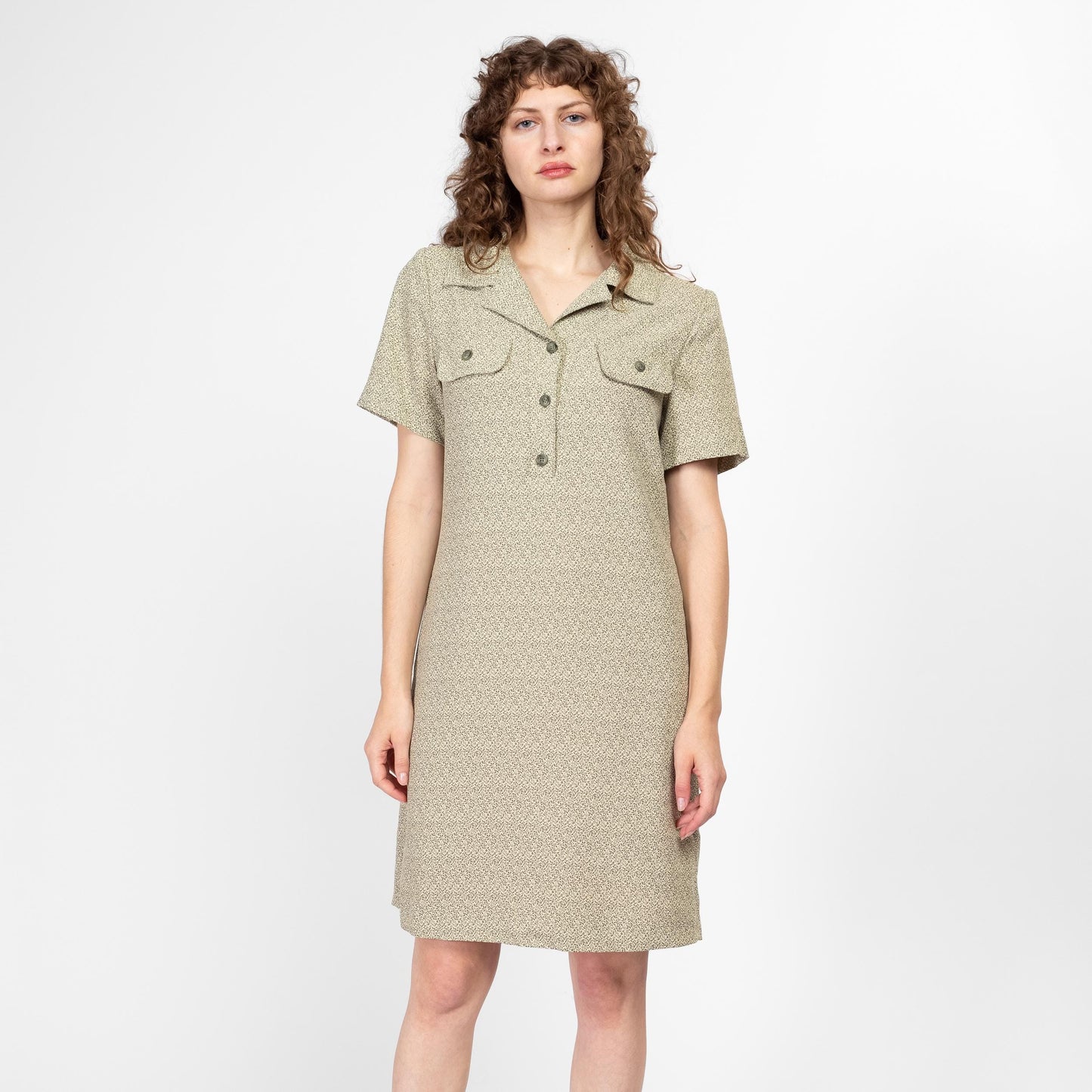 Medium 90s Sage Green Vine Print Mini Grunge Dress Size 10 | Vintage Button Up Short Sleeve Boho A Line Shirtdress