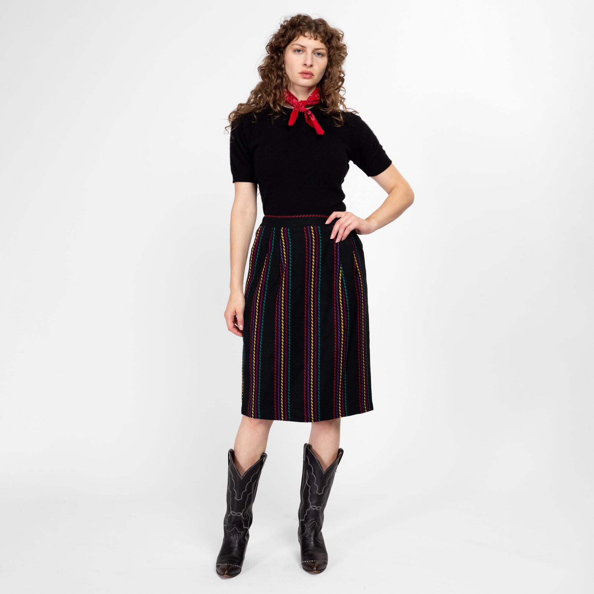Retro Midi Skirt Outfit 80s Medium 80s Black Rainbow Striped Knit