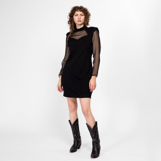 Medium 90s Black Sheer Panel Fringe Sweater Dress | Vintage Long Sleeve Fitted Mini Cocktail Party Dress