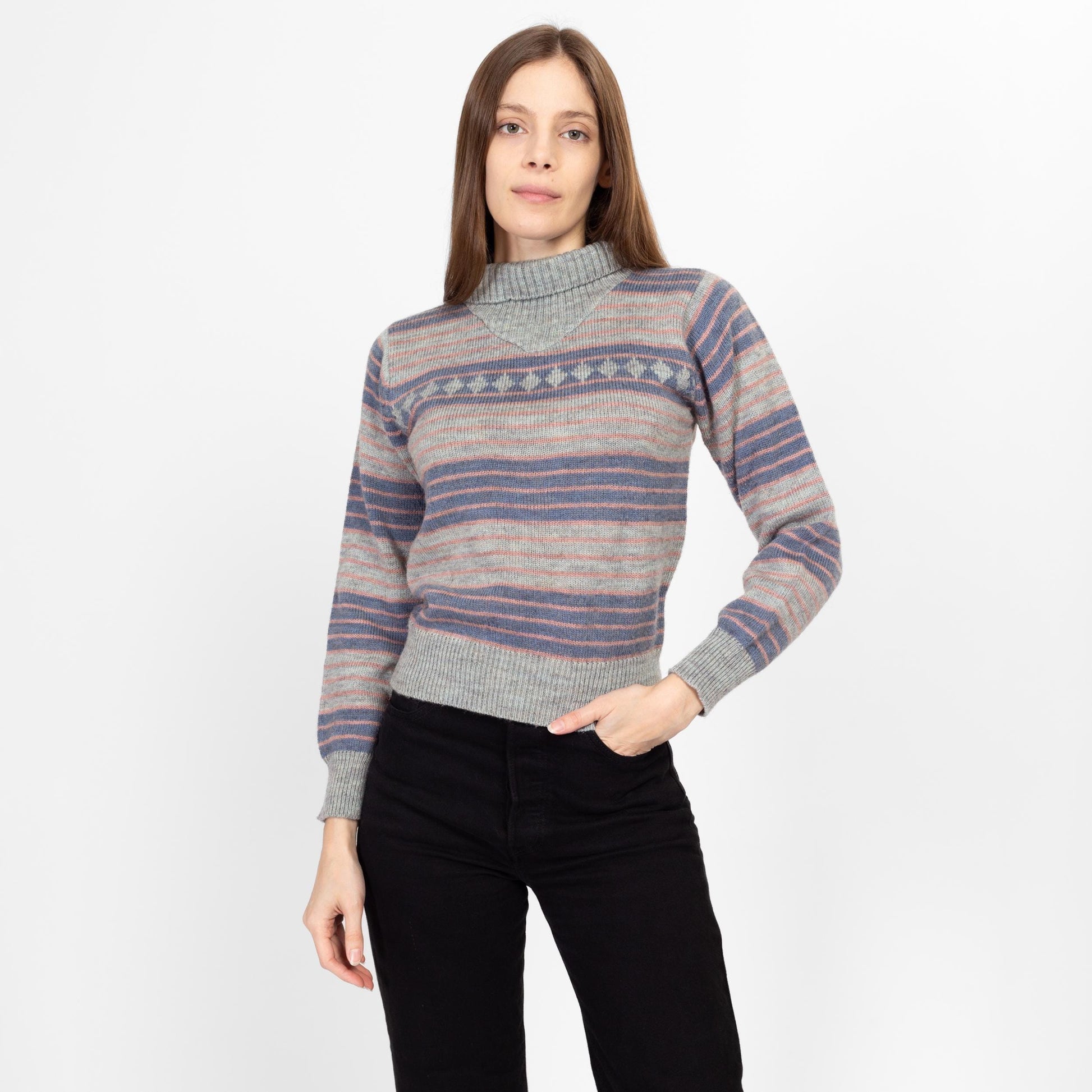 Small 80s Striped Knit Cropped Turtleneck Sweater – Flying Apple