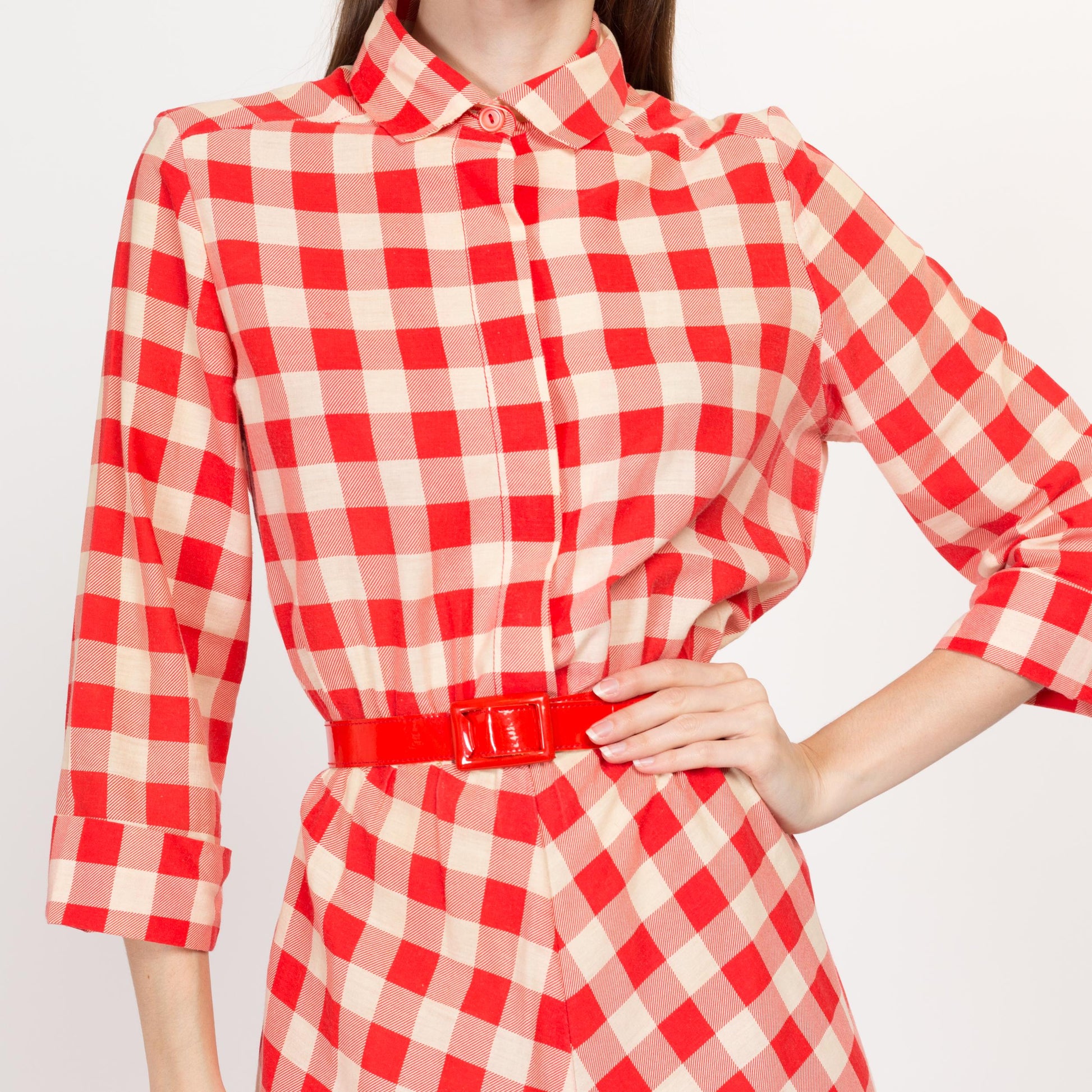 Large 70s Red & White Gingham Belted Midi Shirtdress | Retro Vintage 3/4 Sleeve A Line Pocket Dress