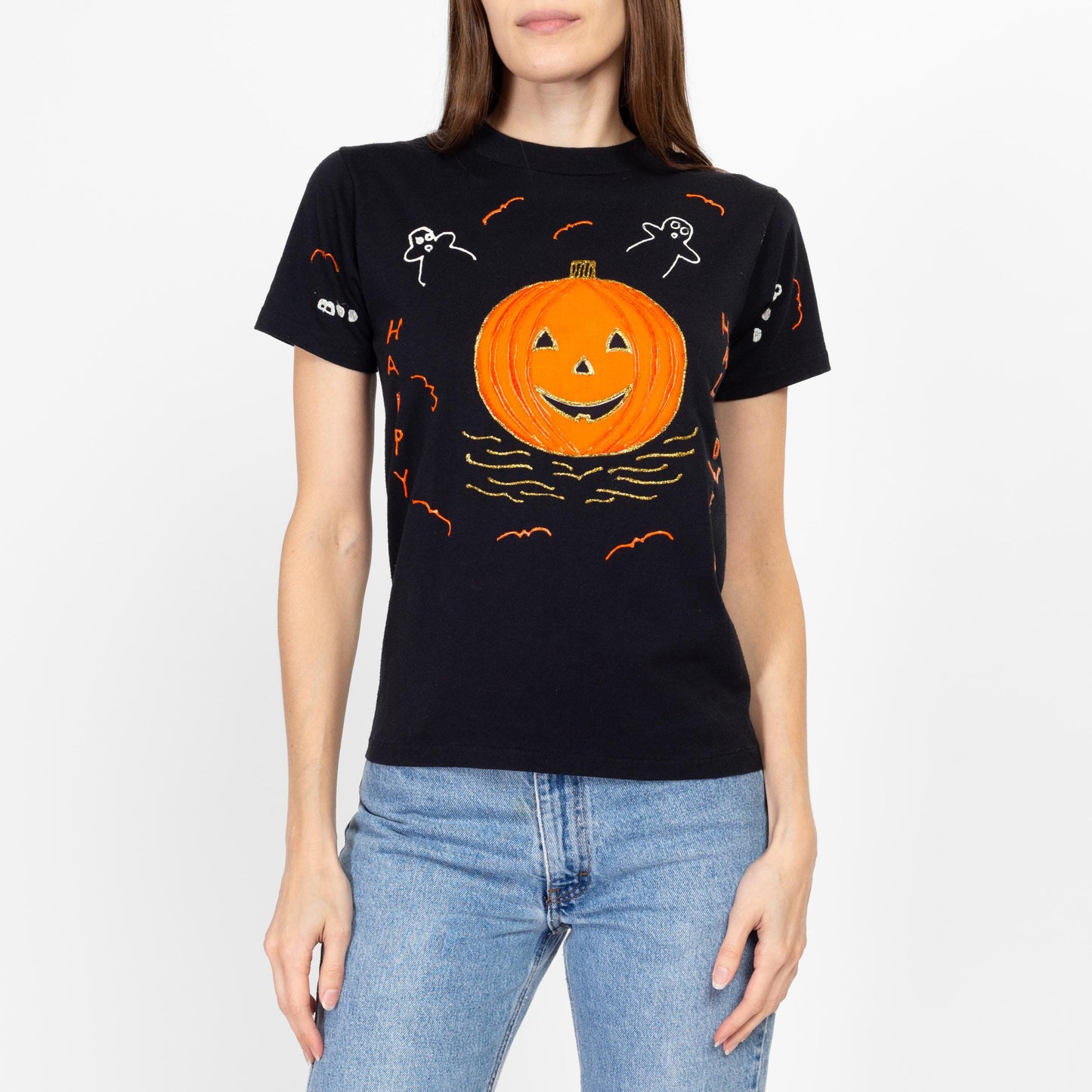 XS-Sm 90s Black Jack-O-Lantern Painted Tee | Vintage Halloween Graphic T Shirt