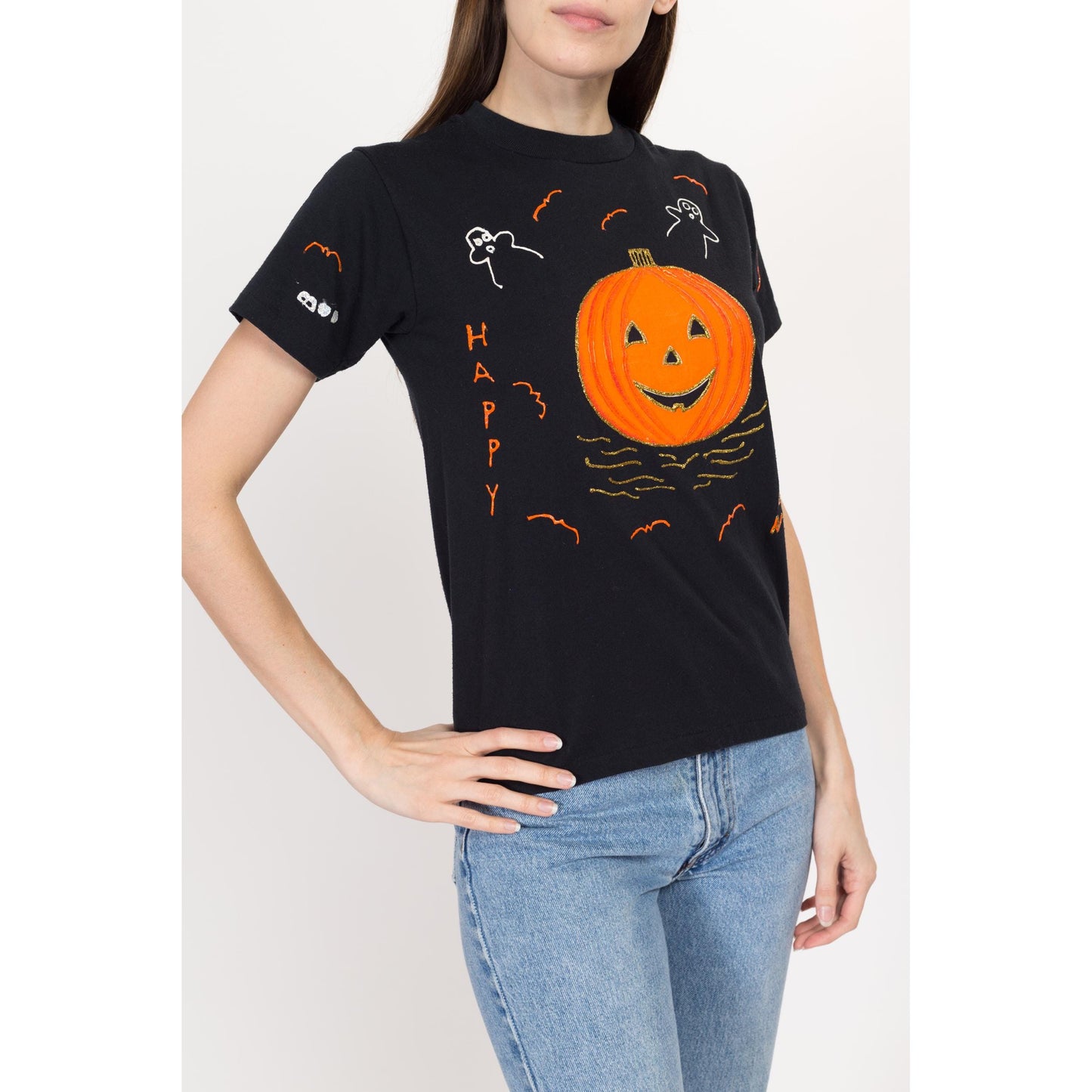 XS-Sm 90s Black Jack-O-Lantern Painted Tee | Vintage Halloween Graphic T Shirt