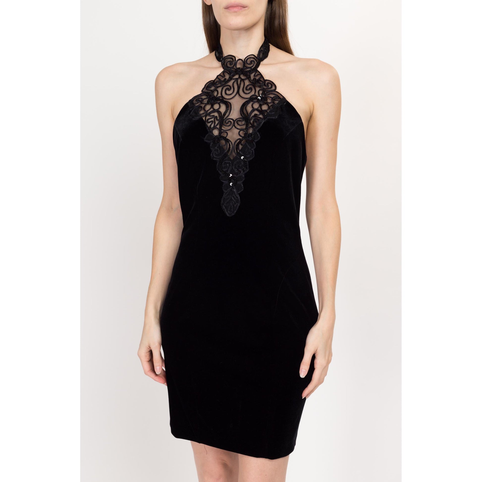Small 80s Black Velvet Lace Choker Party Dress Flying Apple Vintage Small 80s Black Velvet Lace Choker Party Dress Flying Apple Vintage