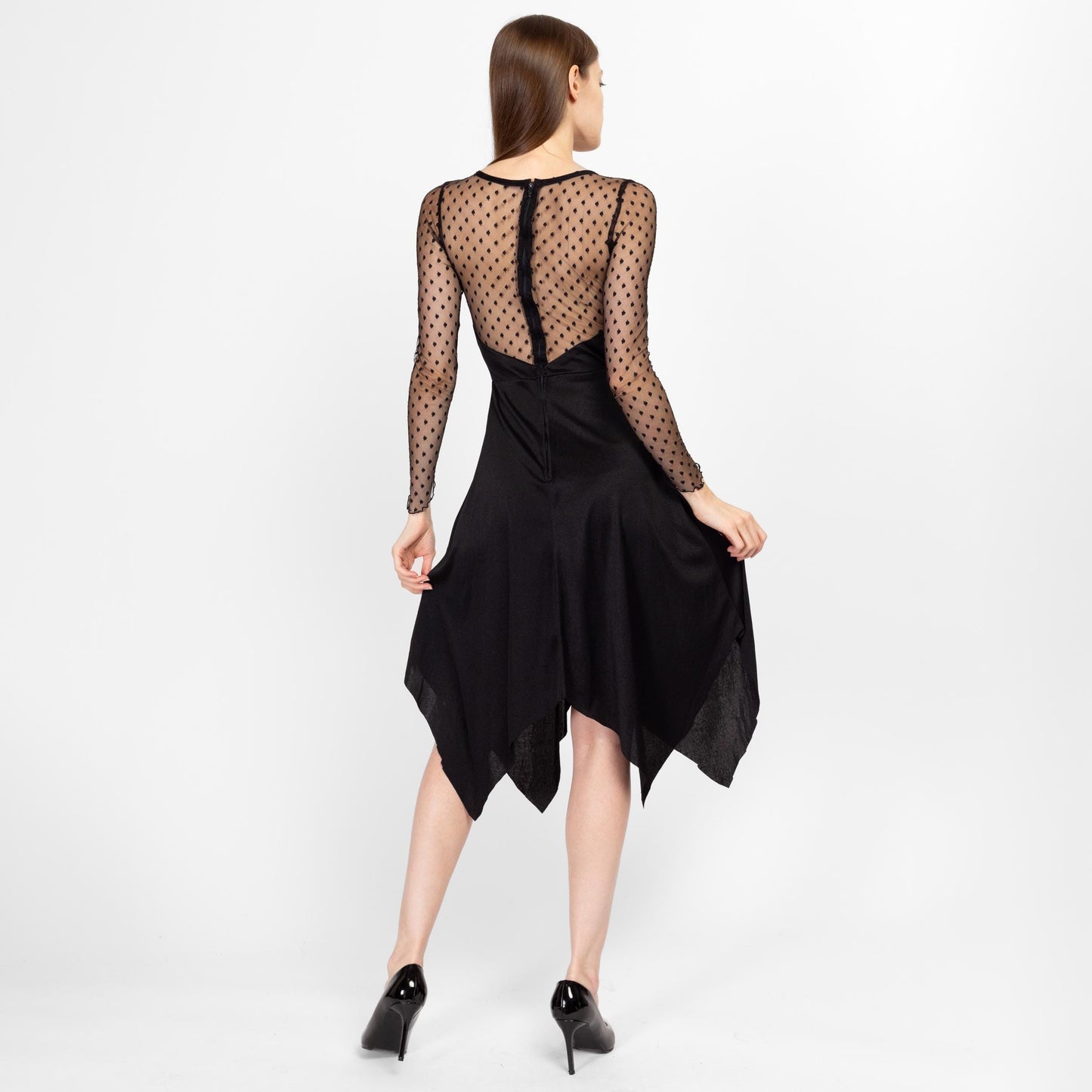 XS 70s Witchy Black Sheer Illusion Hanky Hem Dress | Vintage Sweetheart Neck Polka Dot Long Sleeve Gothic Halloween Party Dress