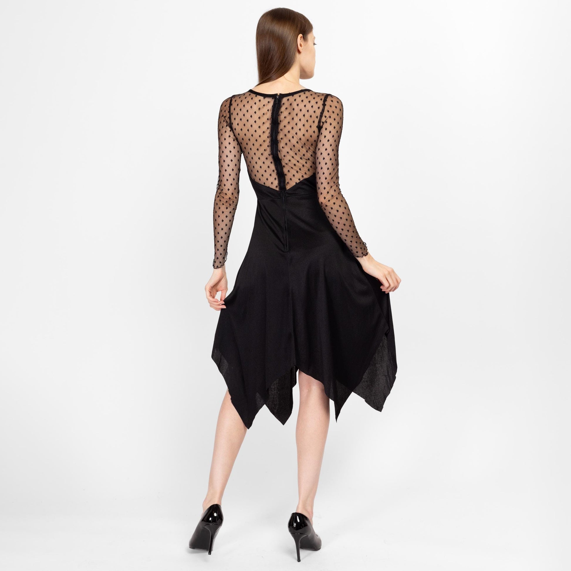 XS 70s Witchy Black Sheer Illusion Hanky Hem Dress | Vintage Sweetheart Neck Polka Dot Long Sleeve Gothic Halloween Party Dress