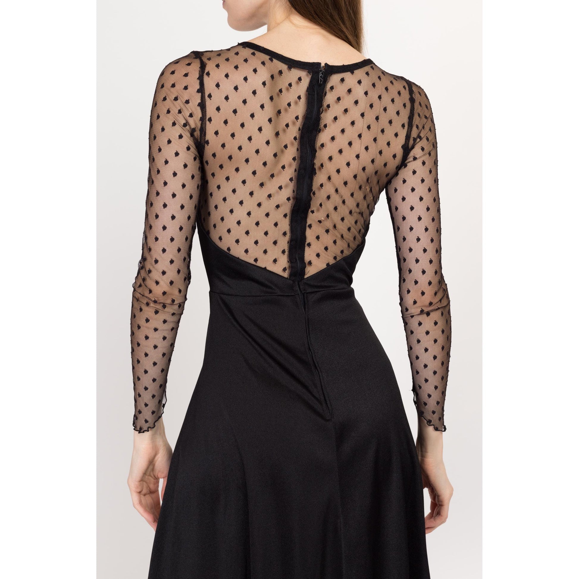 XS 70s Witchy Black Sheer Illusion Hanky Hem Dress | Vintage Sweetheart Neck Polka Dot Long Sleeve Gothic Halloween Party Dress