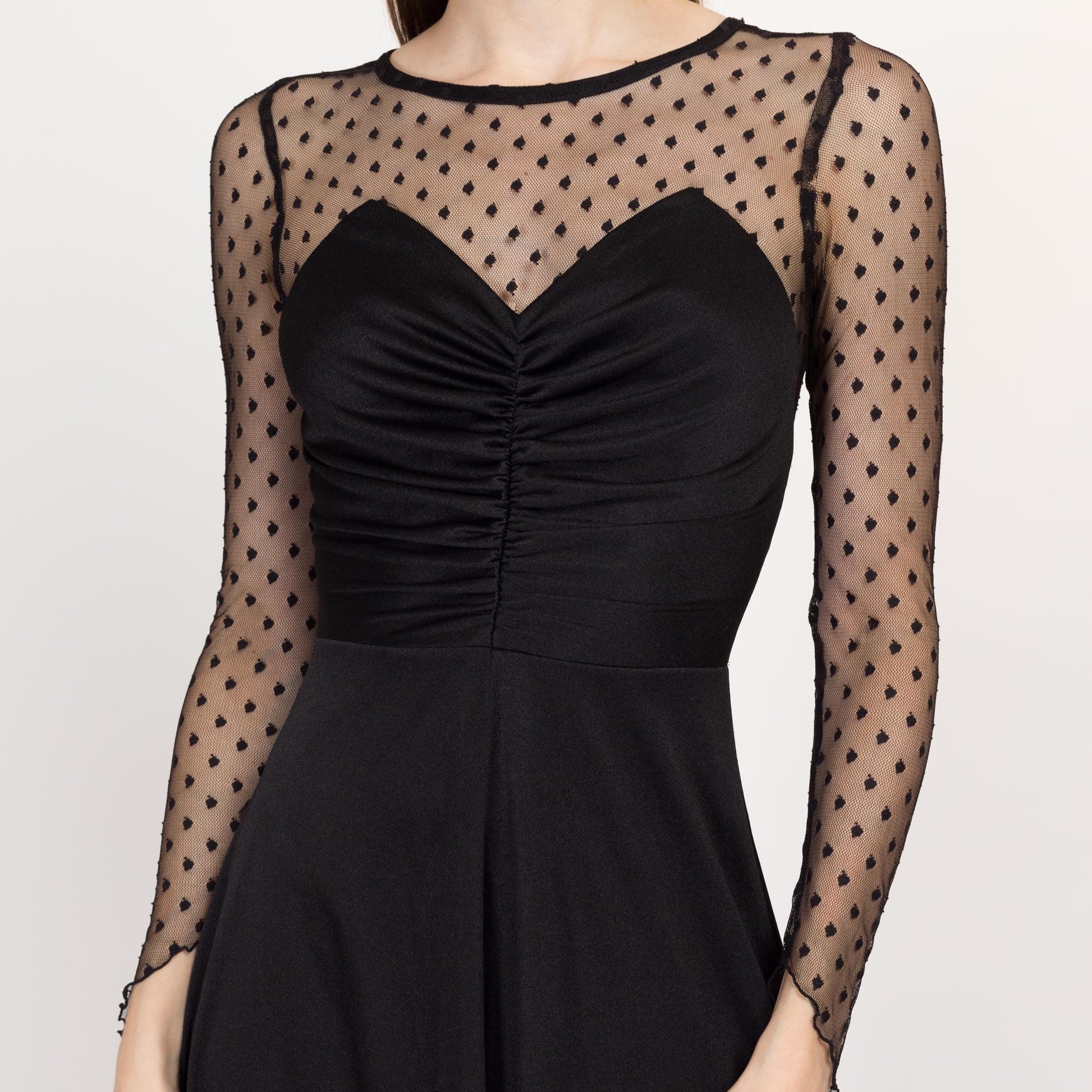 XS 70s Witchy Black Sheer Illusion Hanky Hem Dress | Vintage Sweetheart Neck Polka Dot Long Sleeve Gothic Halloween Party Dress