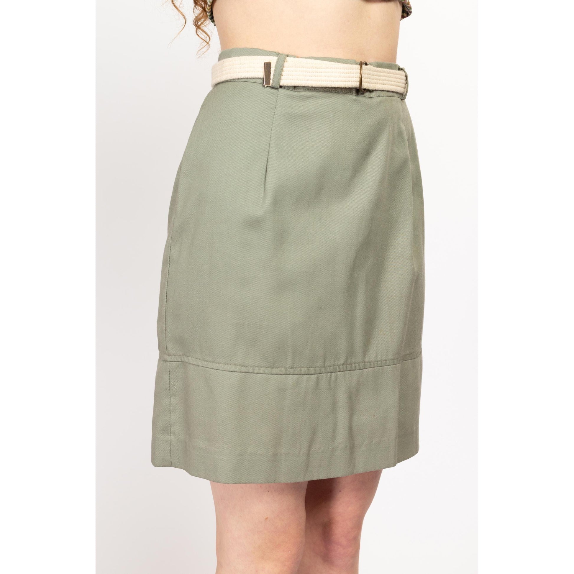 Medium 70s 80s Sage Green Belted Mini Skirt 29
