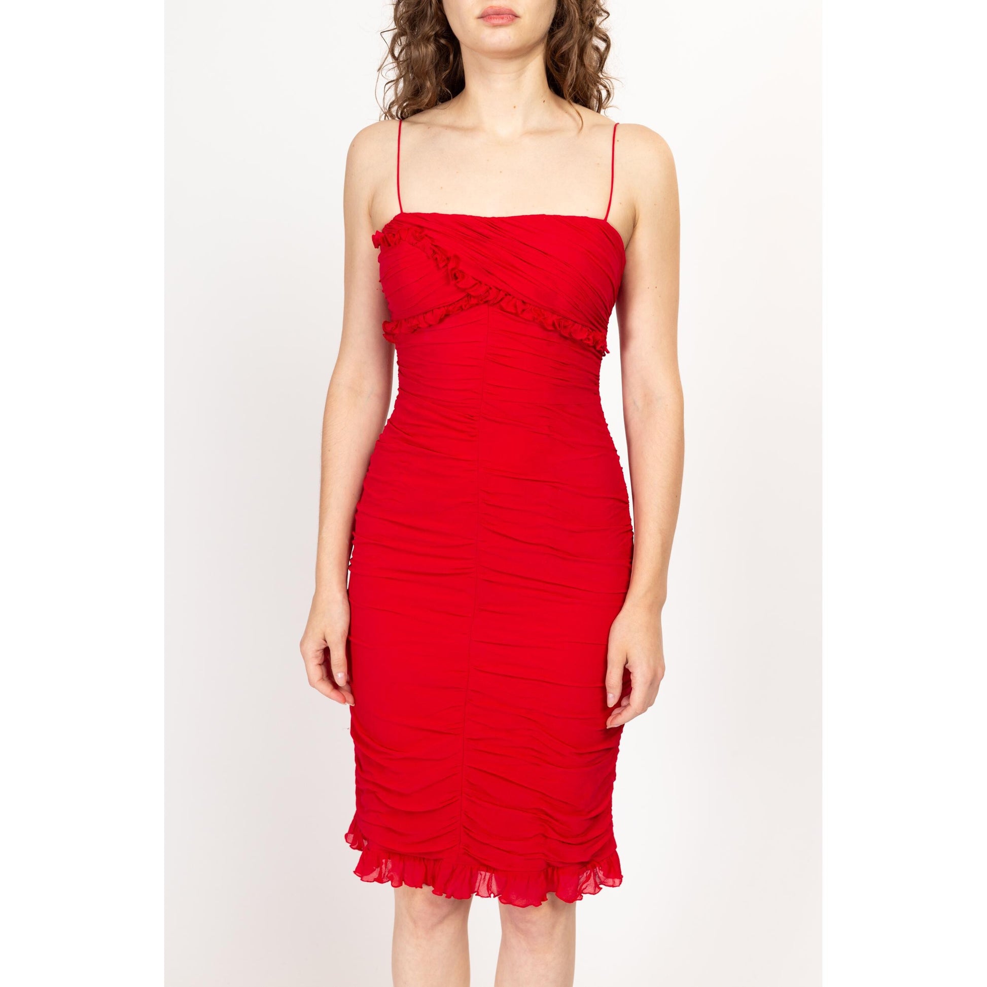 Small 90s Cache Red Silk Ruched Party Dress Flying Apple Vintage Small 90s Cache Red Silk Ruched Party Dress Flying Apple Vintage