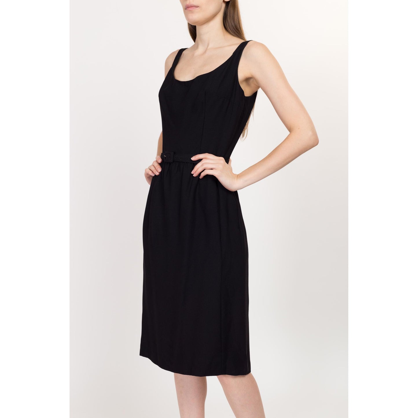 Sm-Med 50s 60s Suzy Perette Black Belted Sleeveless Midi Dress | Vintage Low Scoop Neck Pocket Cocktail Dress