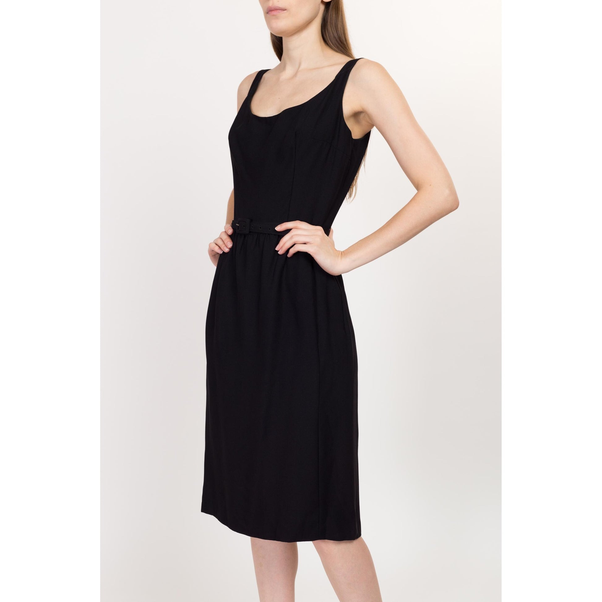 Sm-Med 50s 60s Suzy Perette Black Belted Sleeveless Midi Dress | Vintage Low Scoop Neck Pocket Cocktail Dress