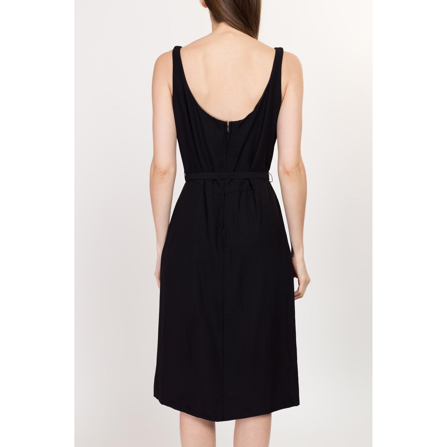 Sm-Med 50s 60s Suzy Perette Black Belted Sleeveless Midi Dress | Vintage Low Scoop Neck Pocket Cocktail Dress