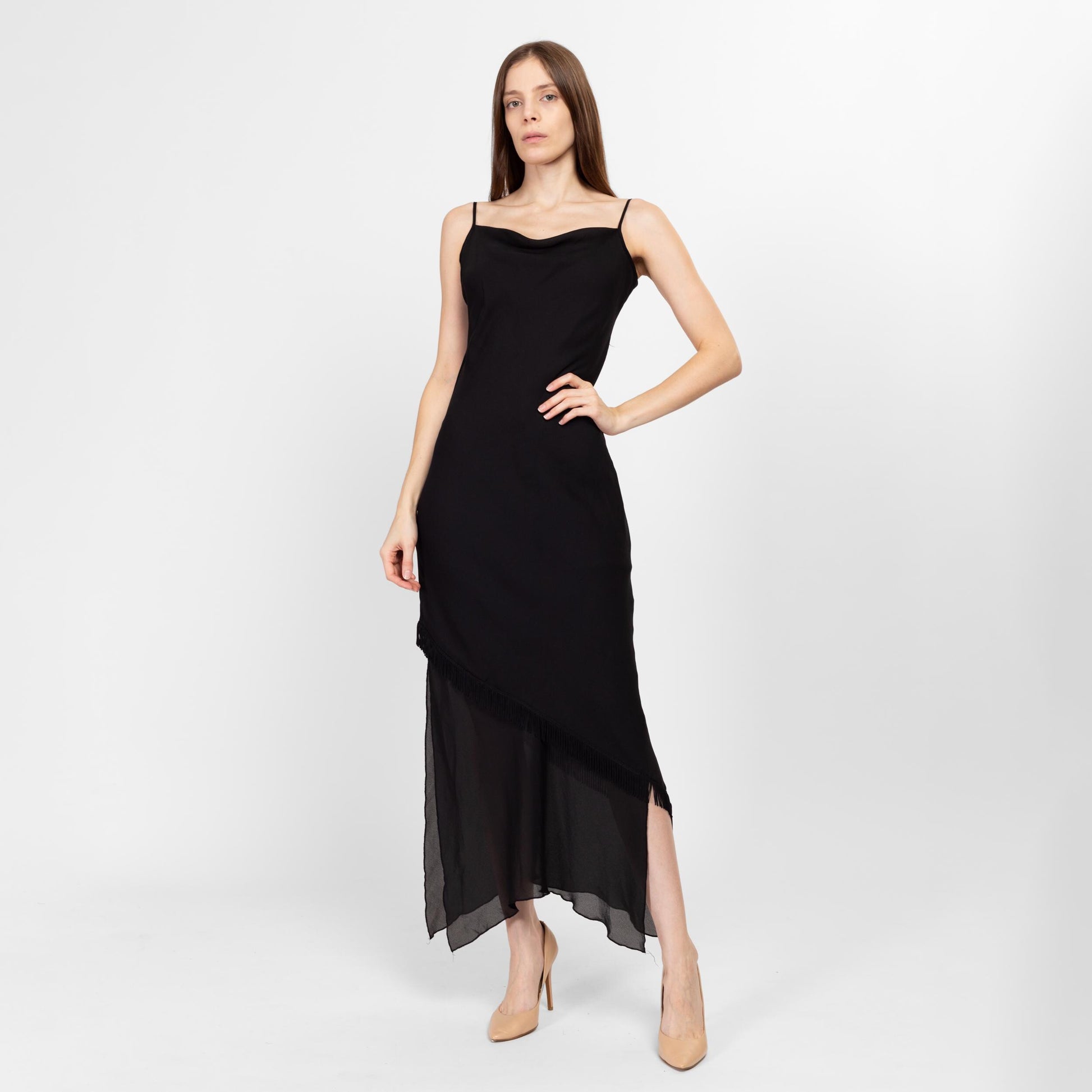 Medium Y2K Black Fringe Scarf Hem Maxi Dress | Vintage Cowl Neck Asymmetrical Slinky Spaghetti Strap Formal Gown
