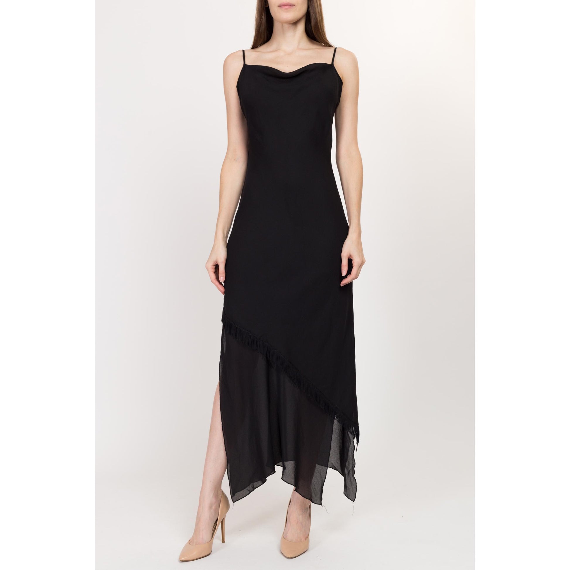 Medium Y2K Black Fringe Scarf Hem Maxi Dress | Vintage Cowl Neck Asymmetrical Slinky Spaghetti Strap Formal Gown