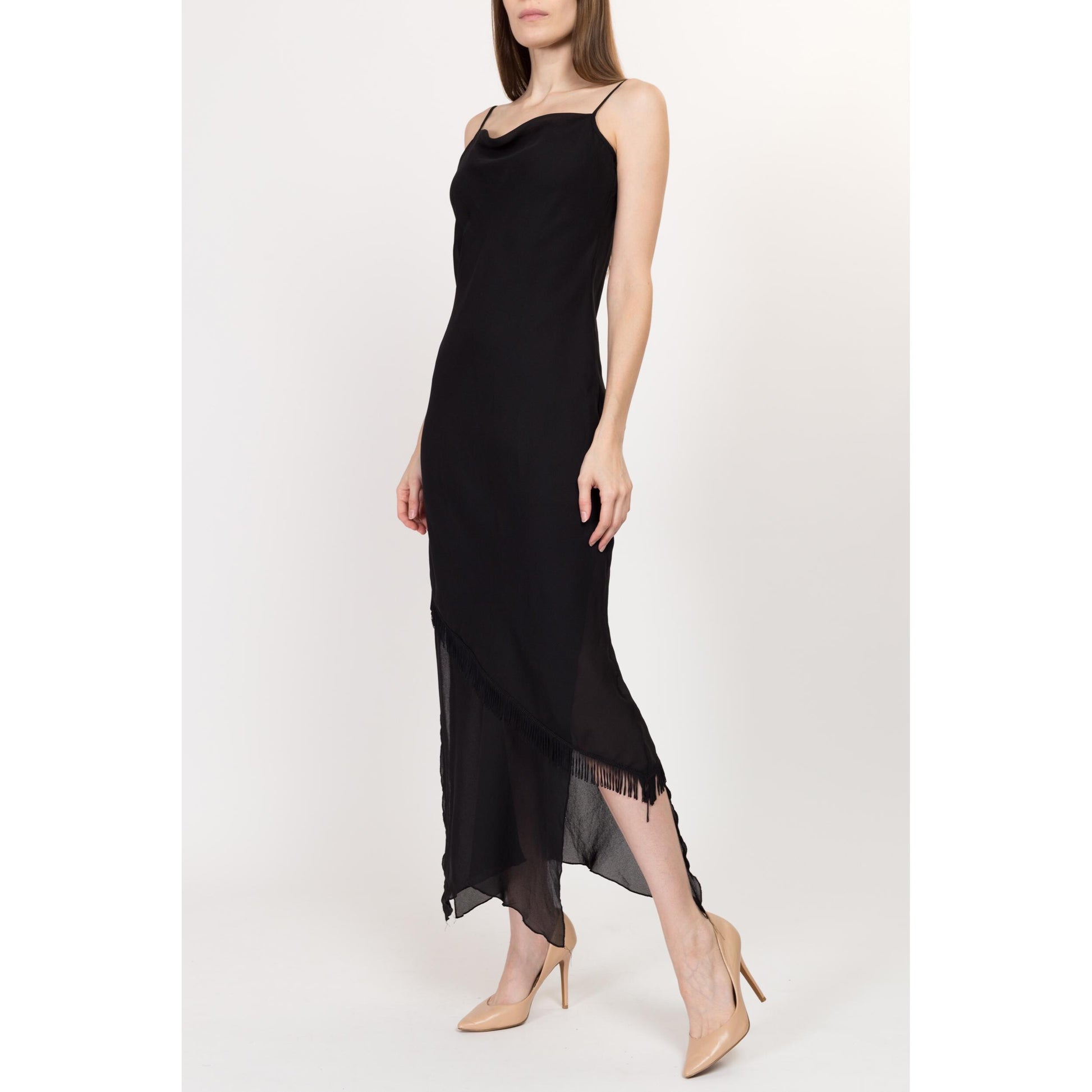 Medium Y2K Black Fringe Scarf Hem Maxi Dress | Vintage Cowl Neck Asymmetrical Slinky Spaghetti Strap Formal Gown