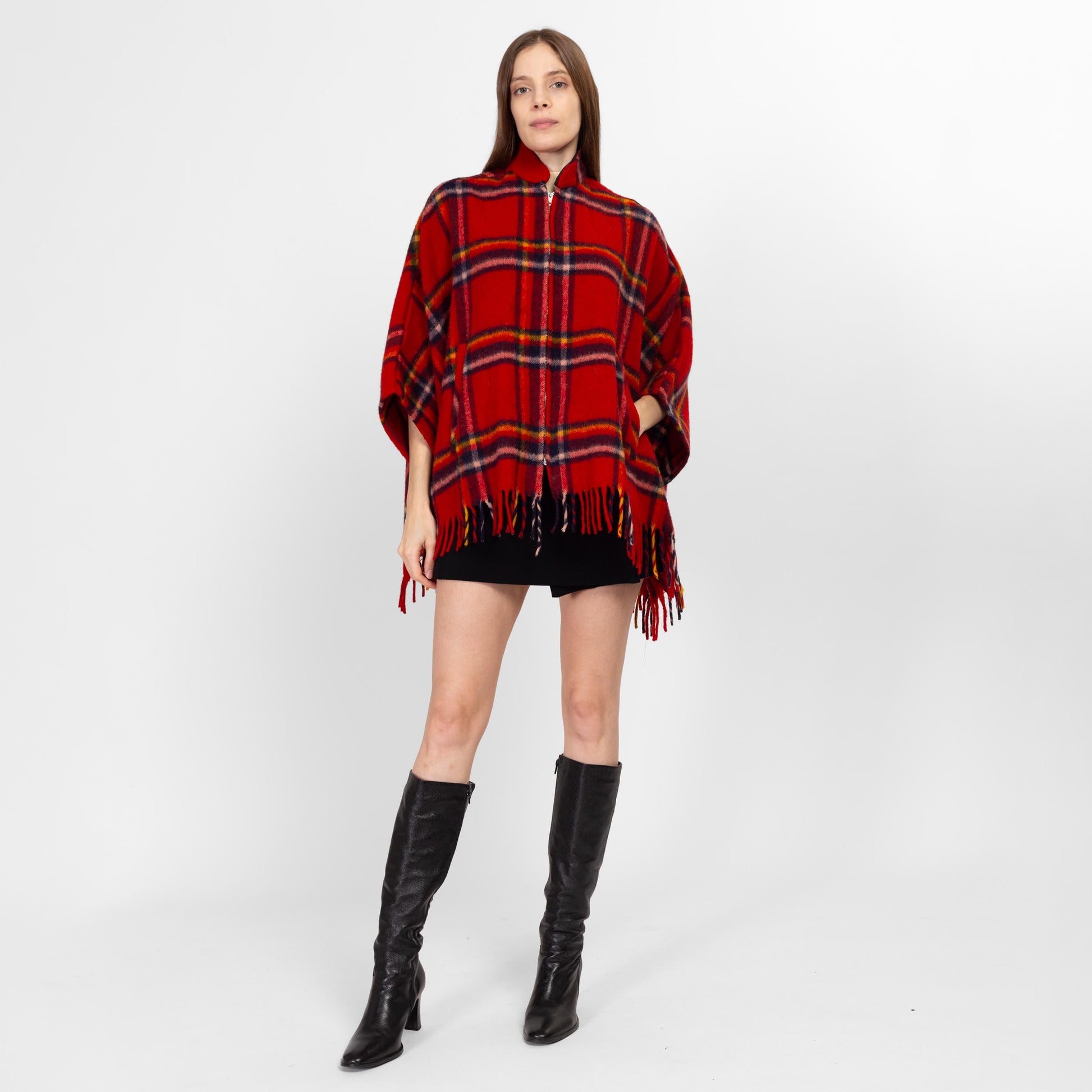 Sm-Med 60s 70s Red Plaid Wool Fringe Cape | Retro Vintage Poncho Fall Winter Coat