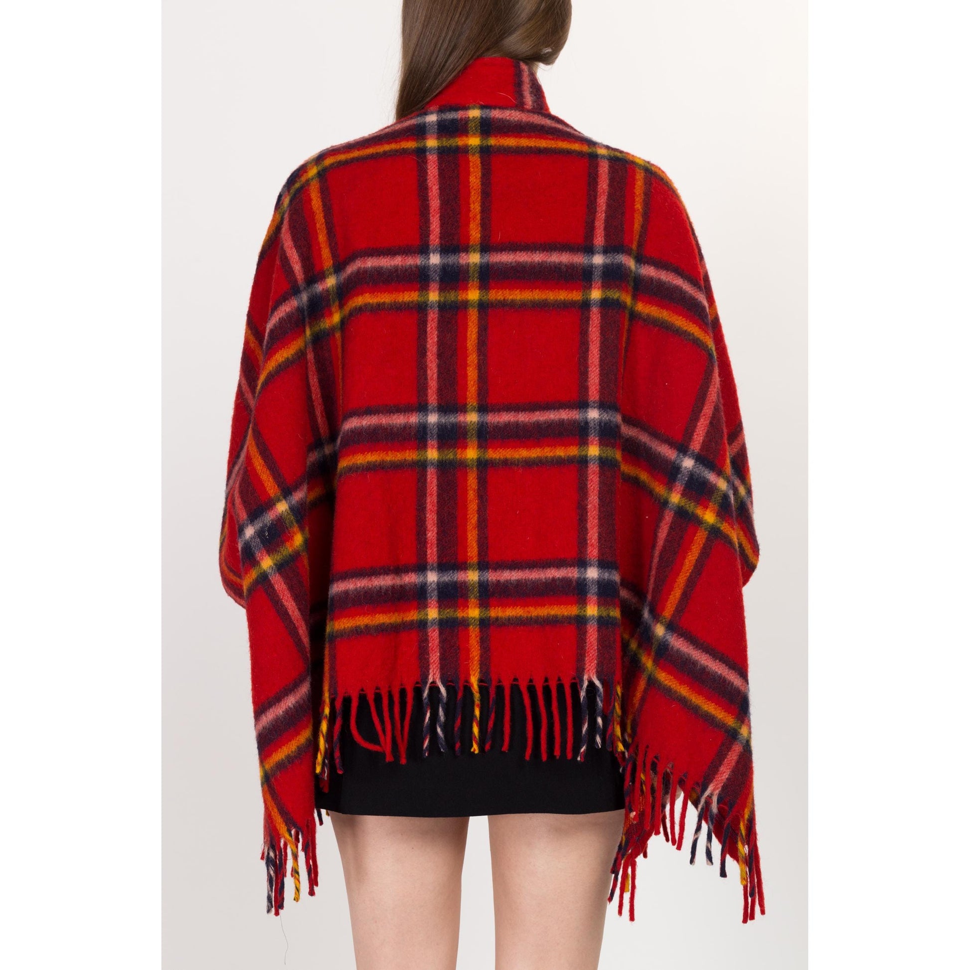 Sm-Med 60s 70s Red Plaid Wool Fringe Cape | Retro Vintage Poncho Fall Winter Coat