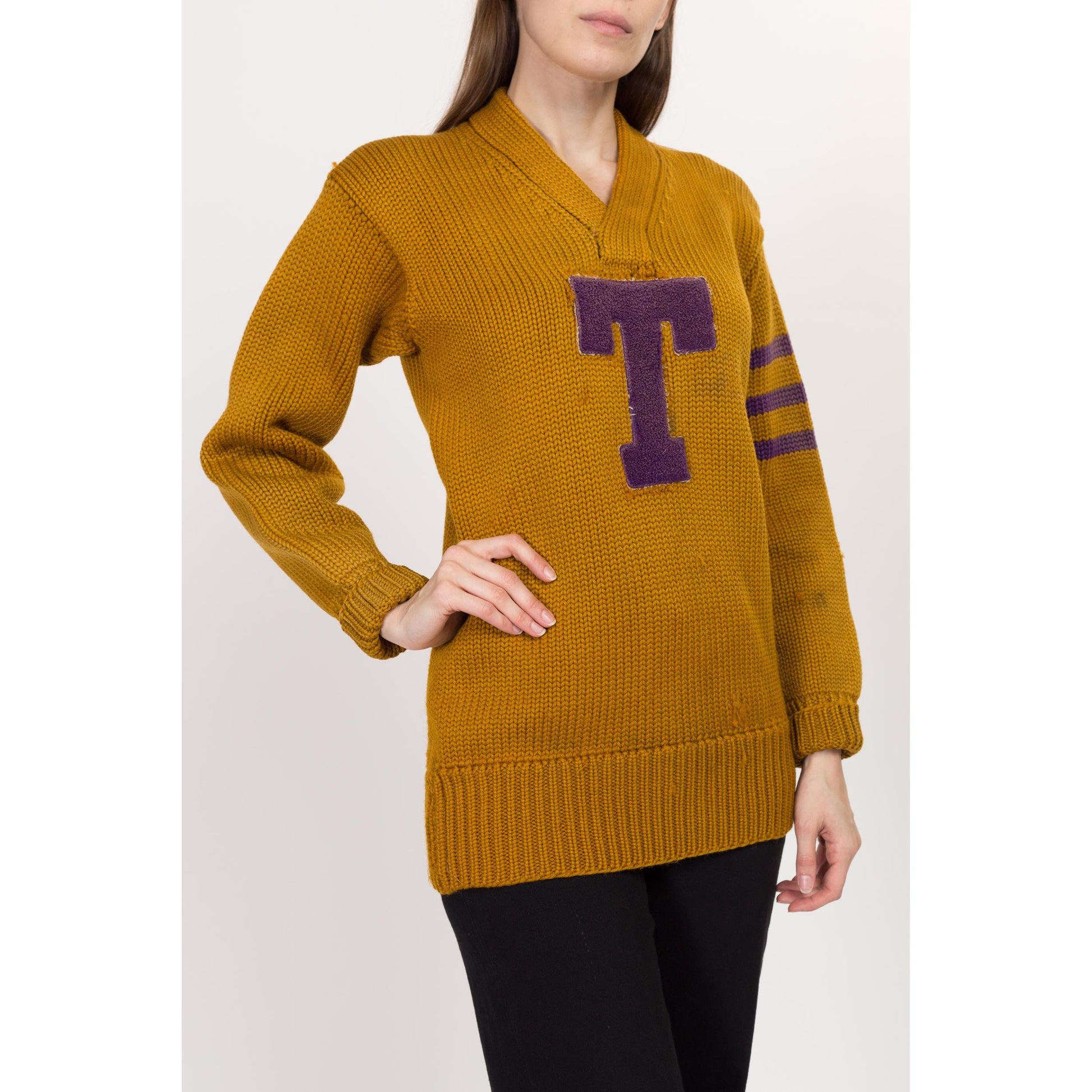 XS-Sm 1930s Mustard Yellow Varsity Letterman Sweater Unisex | Rare Vintage 20s 30s Collegiate Wool Striped Football Pullover