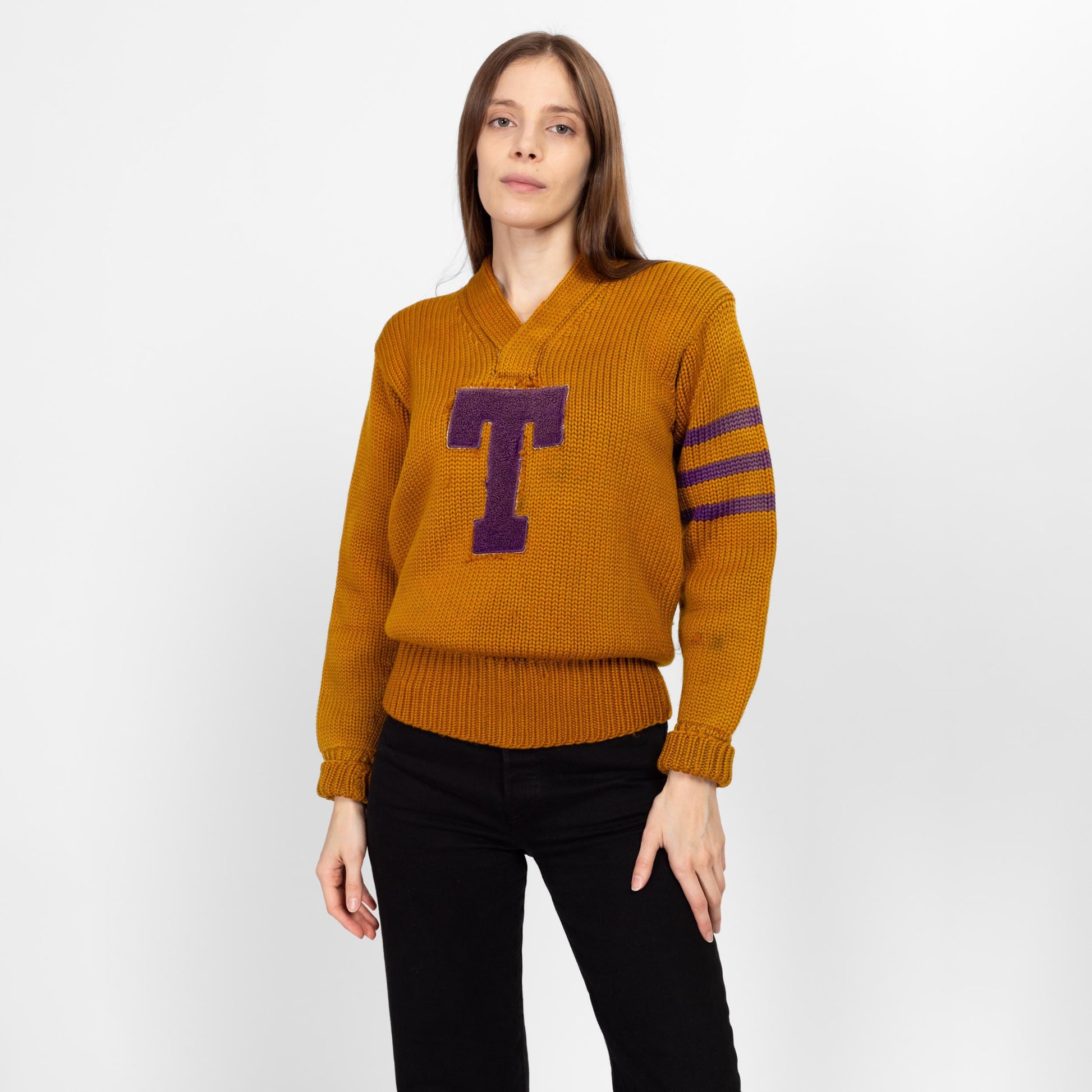 XS-Sm 1930s Mustard Yellow Varsity Letterman Sweater Unisex | Rare Vintage 20s 30s Collegiate Wool Striped Football Pullover