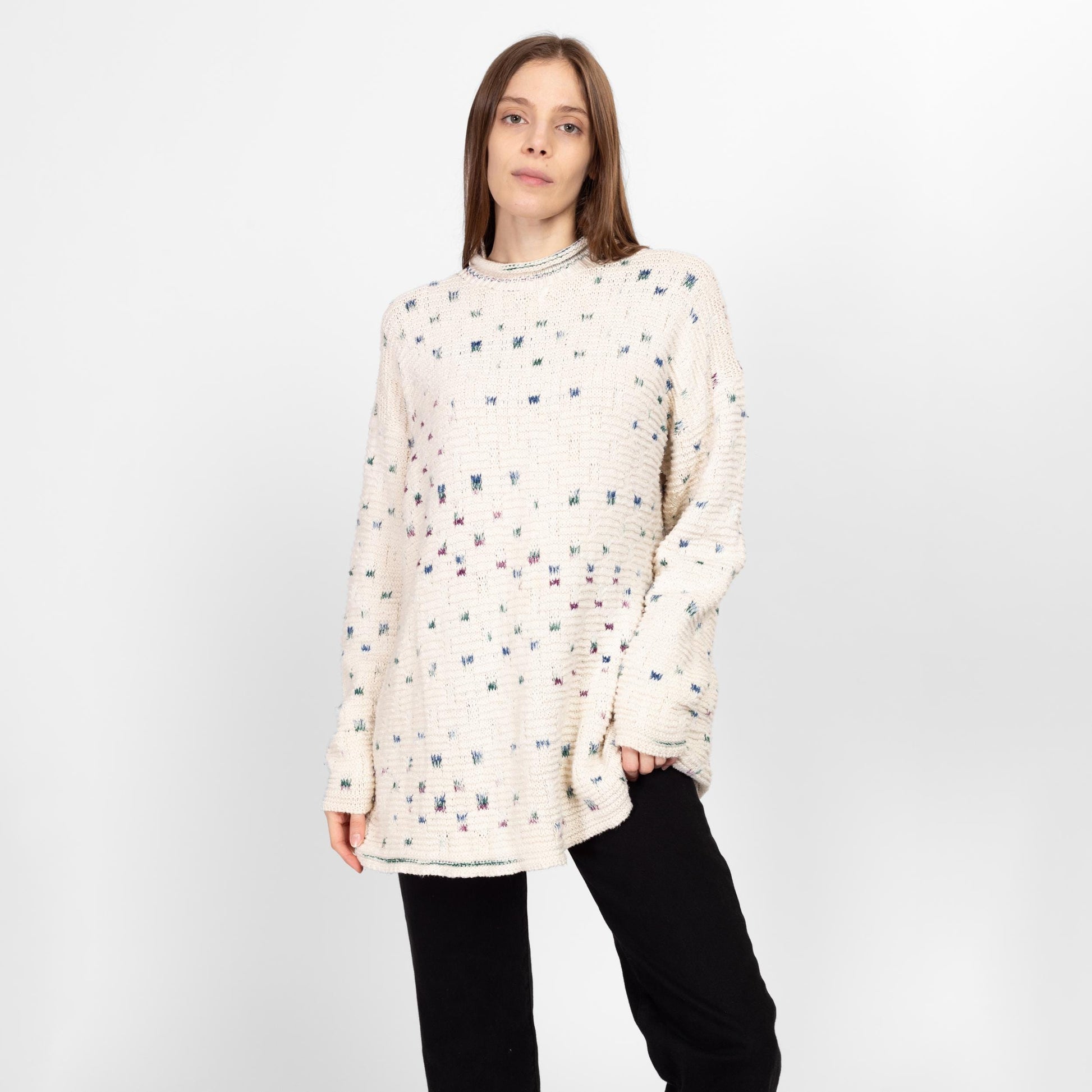 1X 90s Cotton Flecked Knit Long Roll Neck Sweater | Vintage White Oversize Pullover Jumper