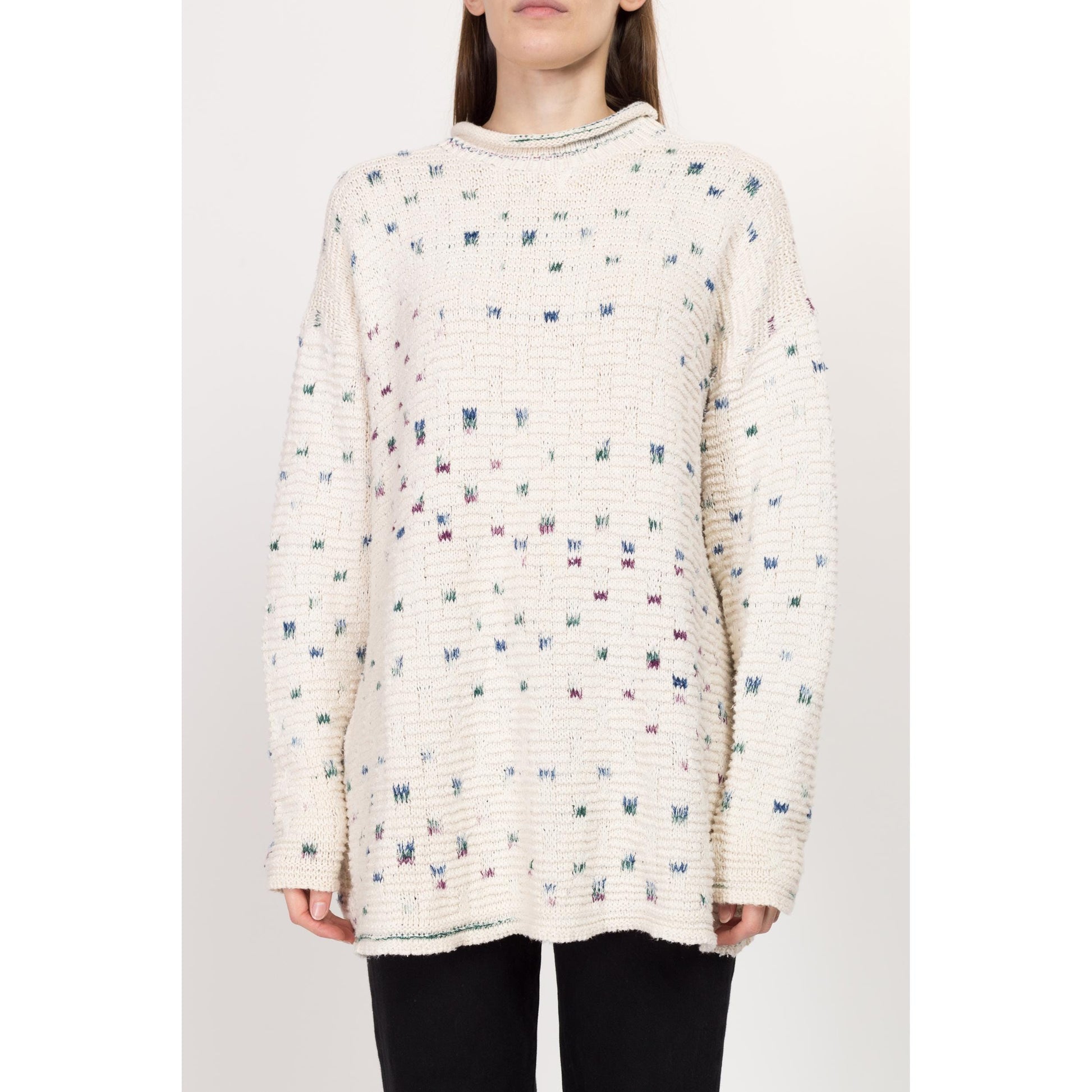 1X 90s Cotton Flecked Knit Long Roll Neck Sweater | Vintage White Oversize Pullover Jumper