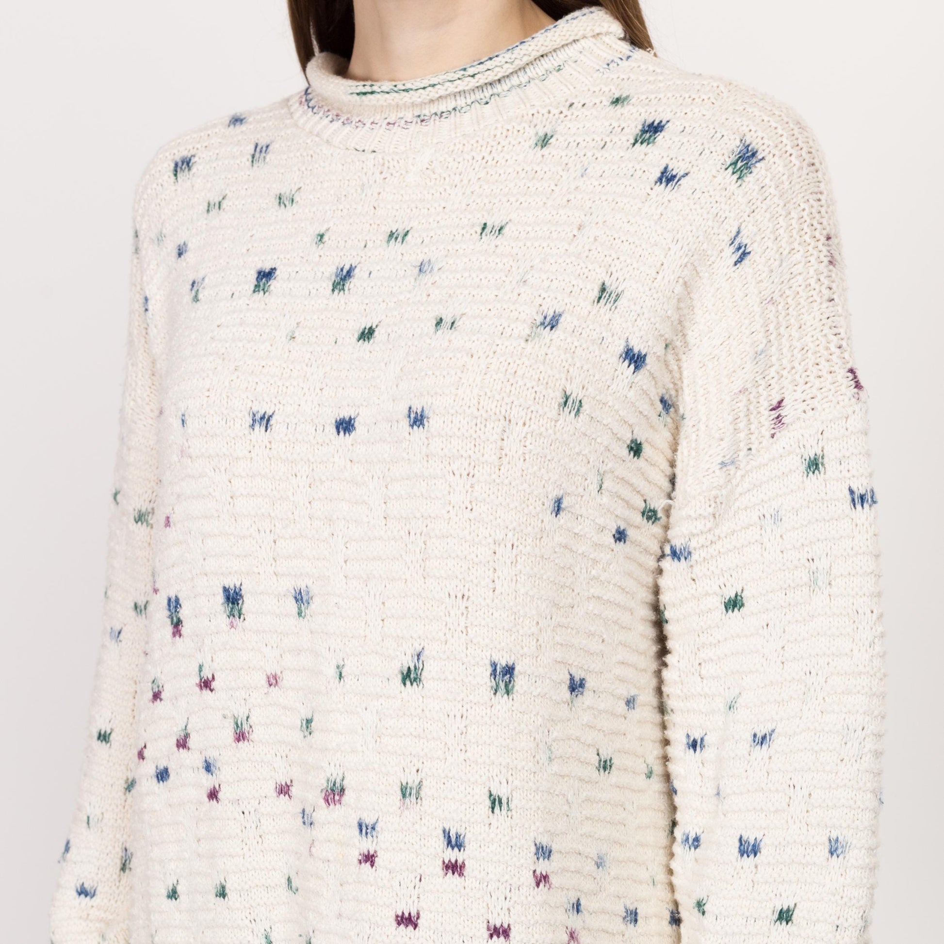 1X 90s Cotton Flecked Knit Long Roll Neck Sweater | Vintage White Oversize Pullover Jumper