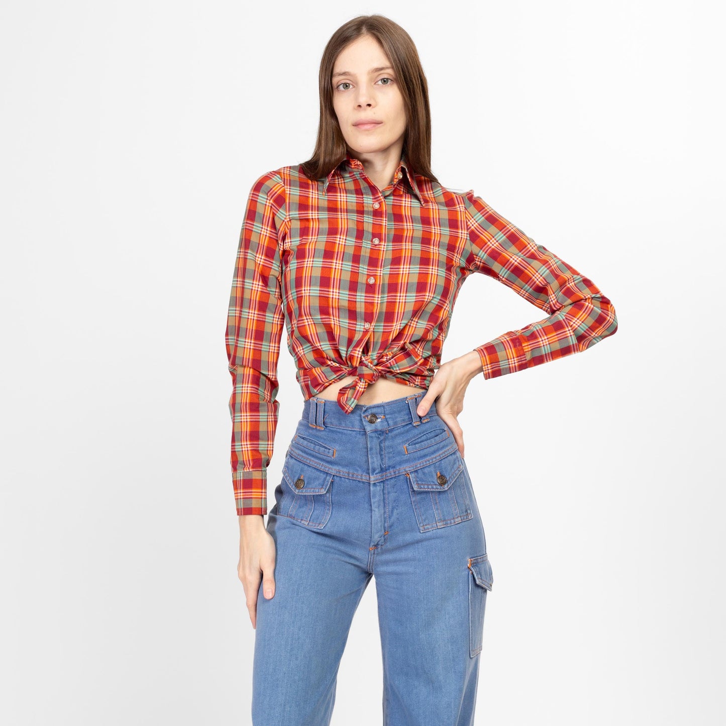 XXS-XS 70s Red Plaid Collared Shirt Petite | Vintage Western Long Sleeve Collared Top