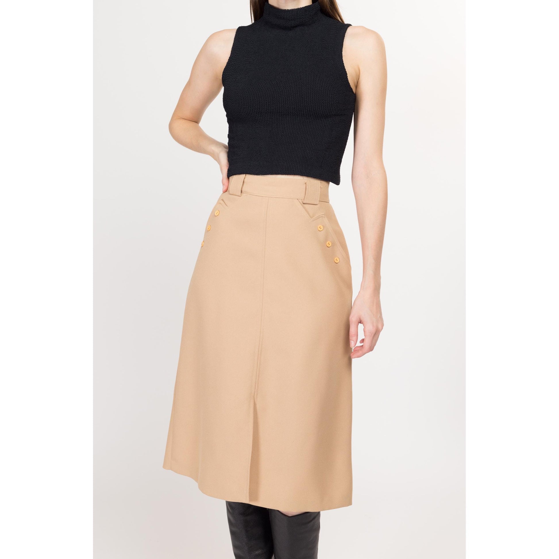 Small 70s Tan A Line Midi Skirt 25.5" | Vintage Minimalist Button Pocket High Waisted Skirt