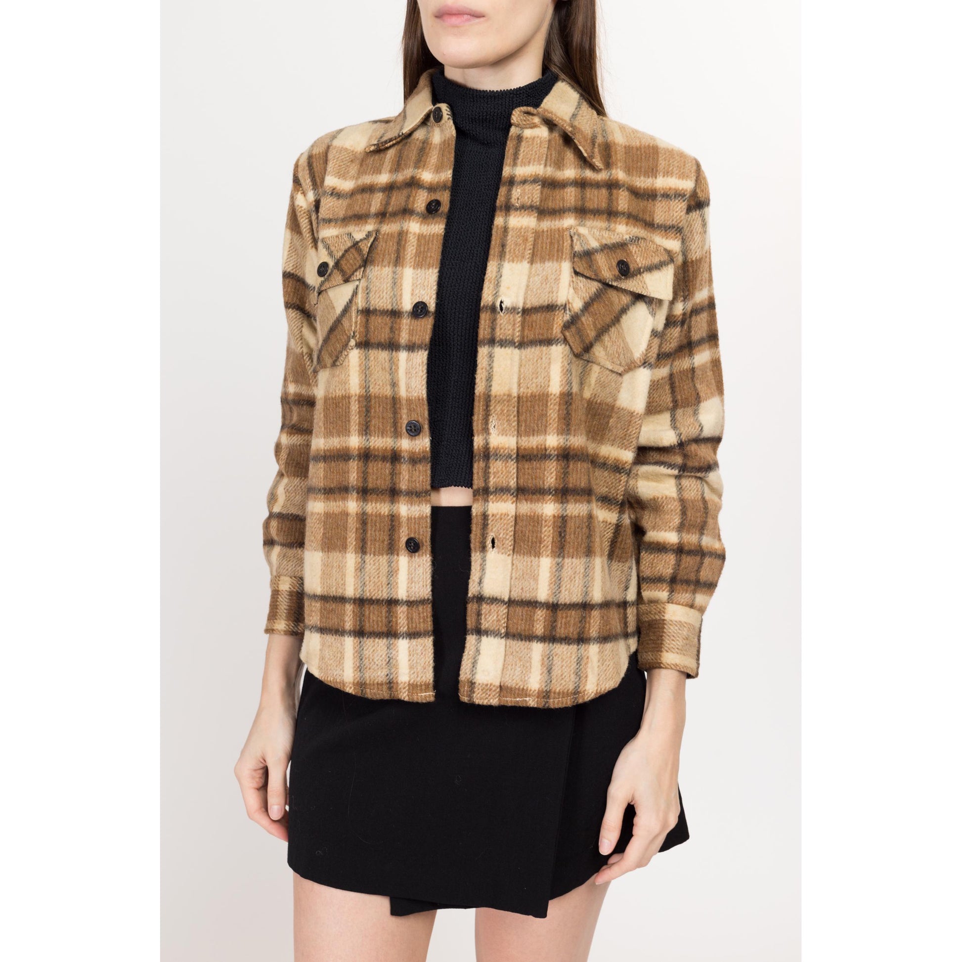 Petite XS 70s CPO Brown Plaid Wool Blend Overshirt | Vintage Button Up Shacket Lumberjack Shirt