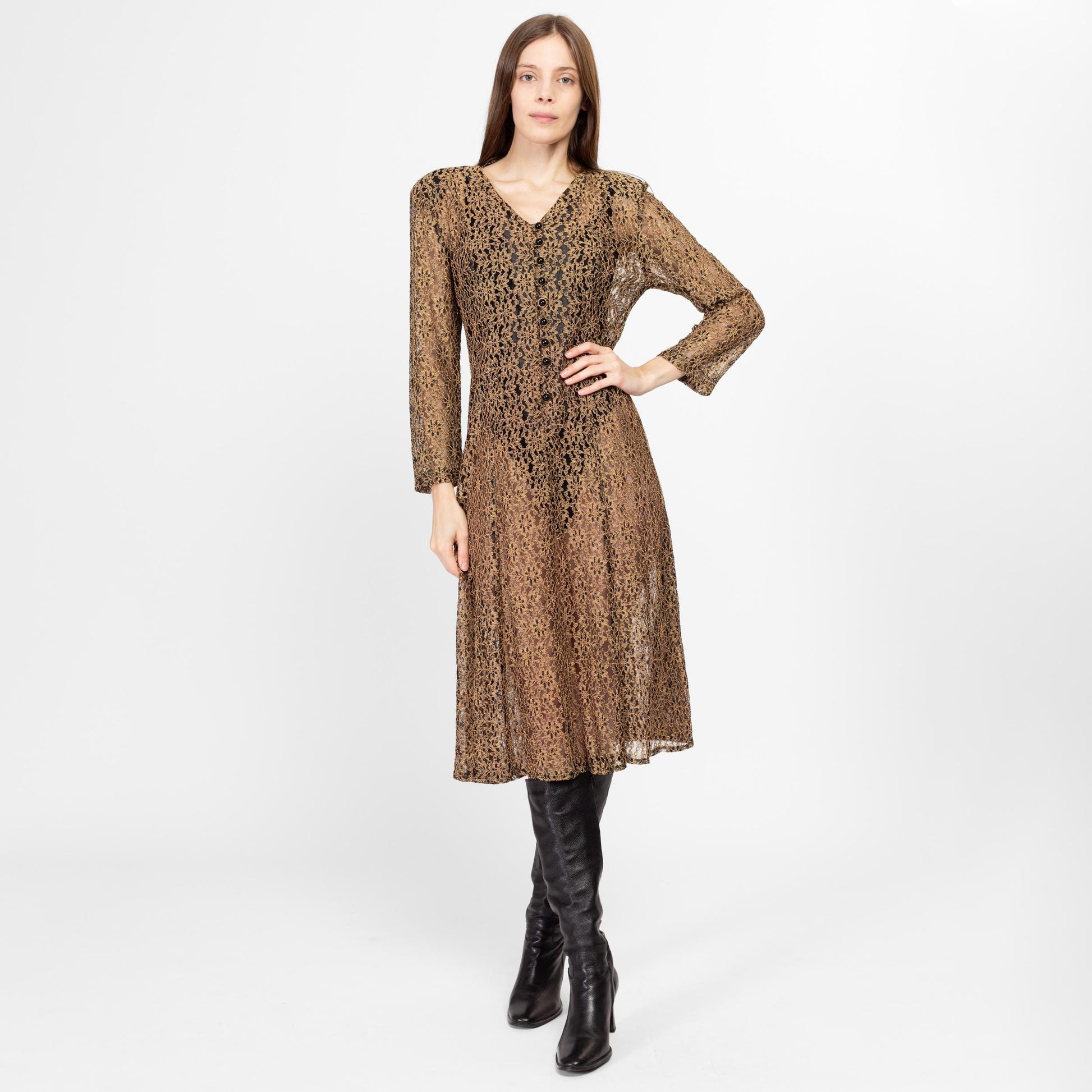 Med-Lrg 80s Sheer Gold Floral Lace Midi Dress | Vintage Long Sleeve Button Front Grunge Dress