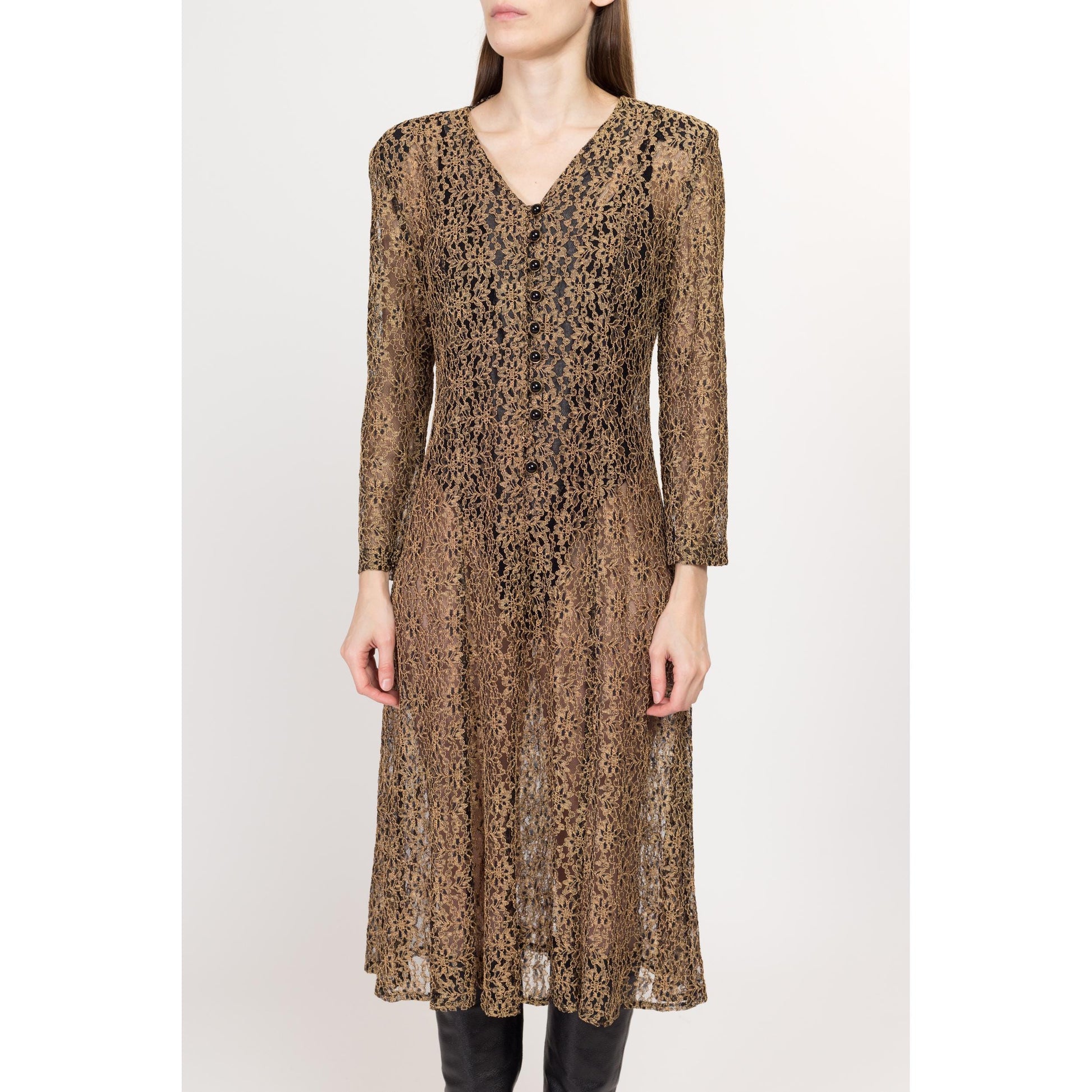 Med-Lrg 80s Sheer Gold Floral Lace Midi Dress | Vintage Long Sleeve Button Front Grunge Dress