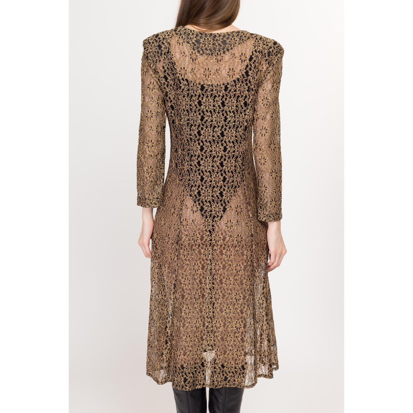 Med-Lrg 80s Sheer Gold Floral Lace Midi Dress | Vintage Long Sleeve Button Front Grunge Dress