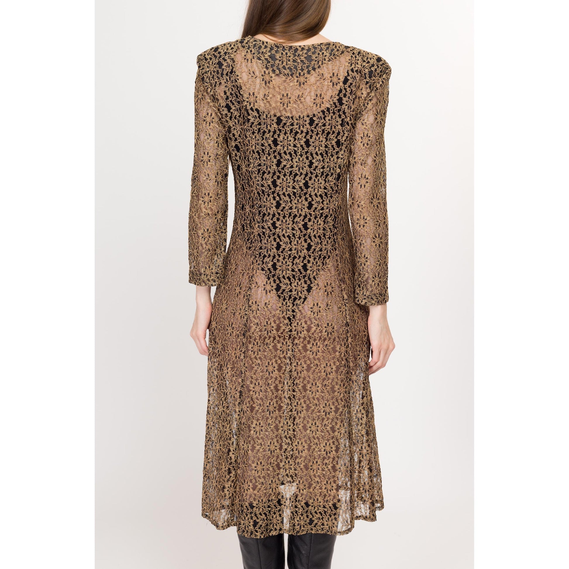 Med-Lrg 80s Sheer Gold Floral Lace Midi Dress | Vintage Long Sleeve Button Front Grunge Dress