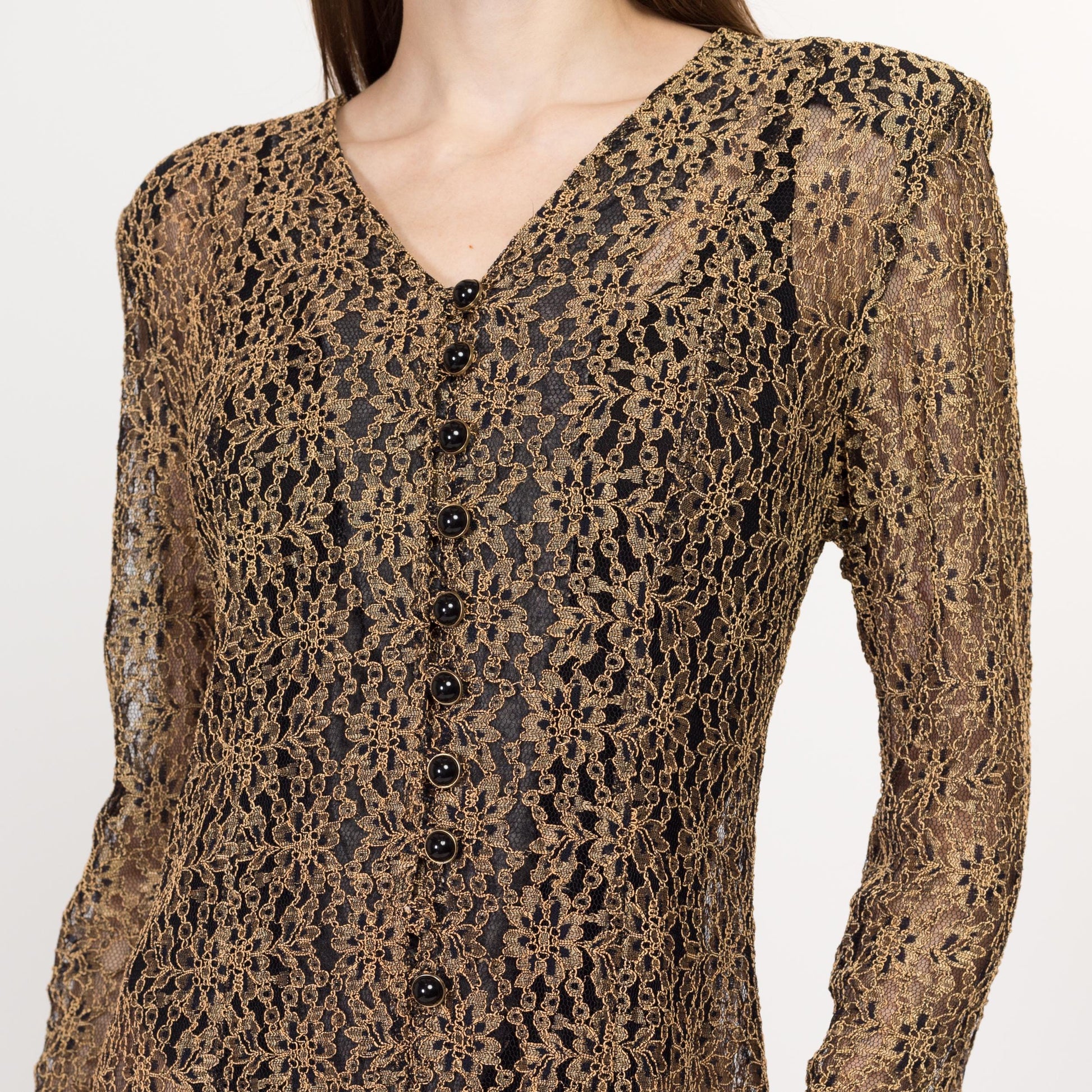 Med-Lrg 80s Sheer Gold Floral Lace Midi Dress | Vintage Long Sleeve Button Front Grunge Dress