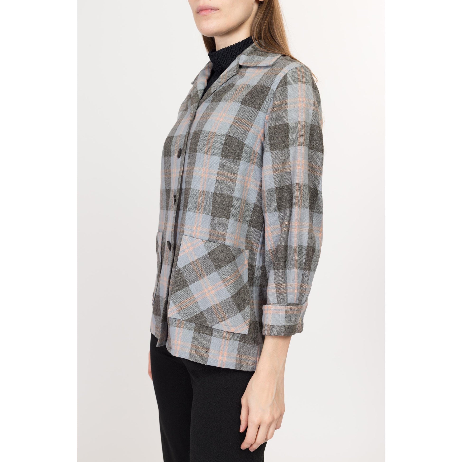Small 1950s Grey Plaid 49er Shirt Jacket | Vintage 50s Rockabilly Button Up Pocket Overshirt Shacket