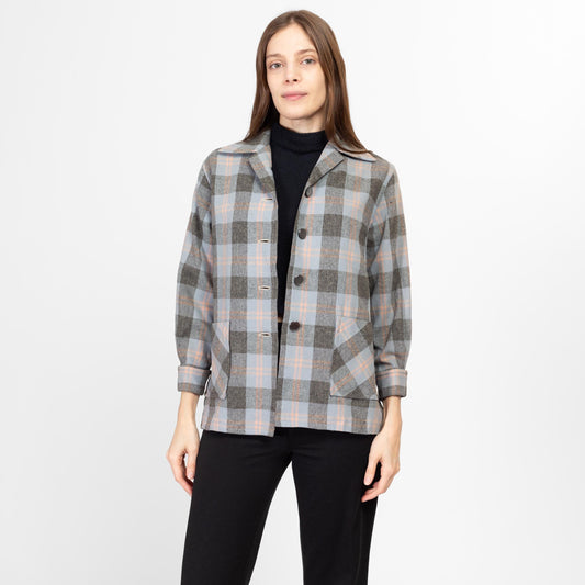 Small 1950s Grey Plaid 49er Shirt Jacket | Vintage 50s Rockabilly Button Up Pocket Overshirt Shacket
