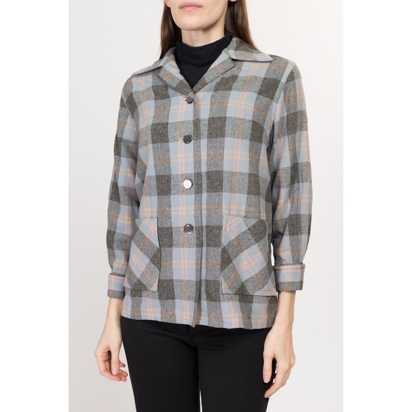 Small 1950s Grey Plaid 49er Shirt Jacket | Vintage 50s Rockabilly Button Up Pocket Overshirt Shacket