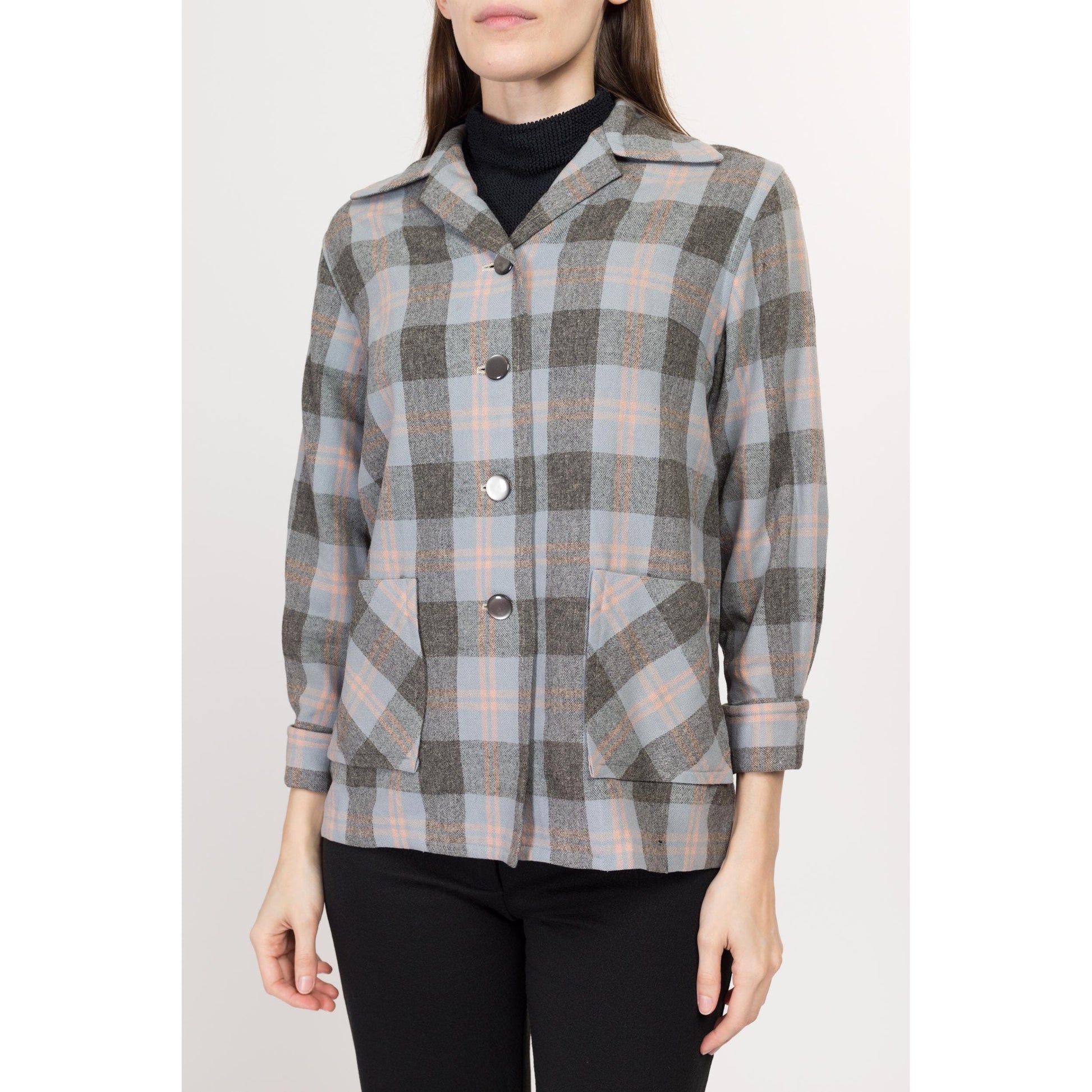 Small 1950s Grey Plaid 49er Shirt Jacket | Vintage 50s Rockabilly Button Up Pocket Overshirt Shacket