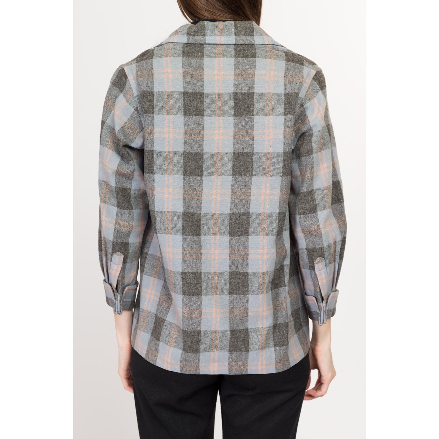 Small 1950s Grey Plaid 49er Shirt Jacket | Vintage 50s Rockabilly Button Up Pocket Overshirt Shacket