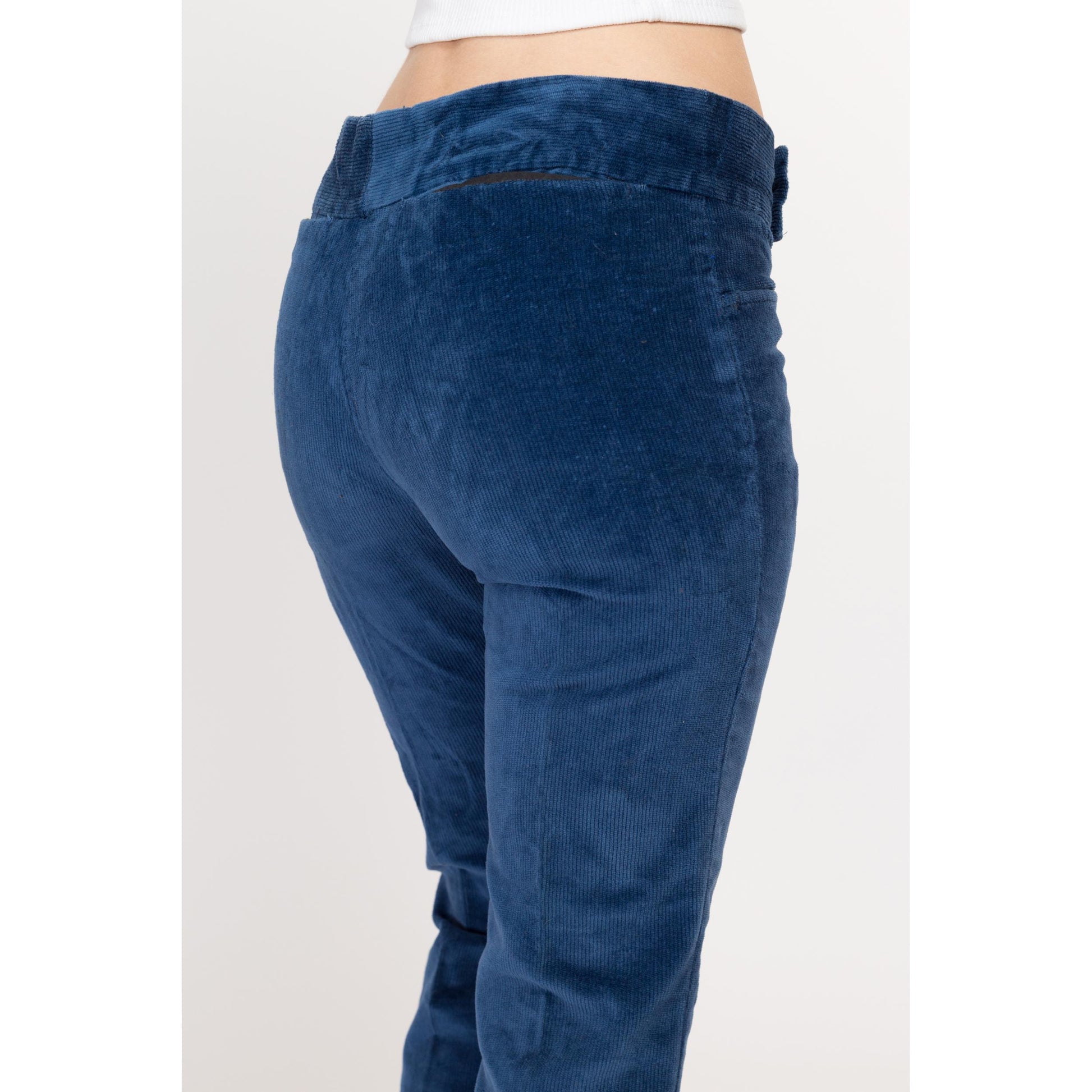 Small 70s Blue Corduroy Kick Flare Pants | Vintage Cords Mid Rise Retro Bootcut Trousers