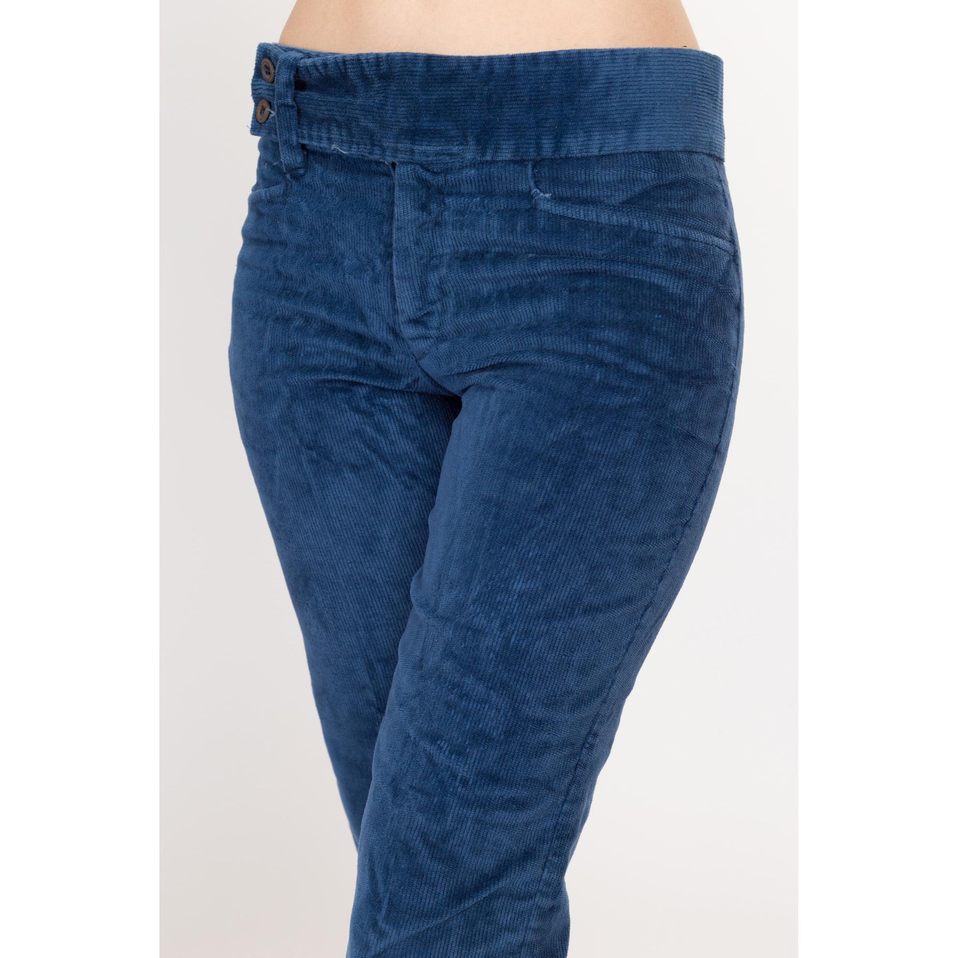 Small 70s Blue Corduroy Kick Flare Pants | Vintage Cords Mid Rise Retro Bootcut Trousers