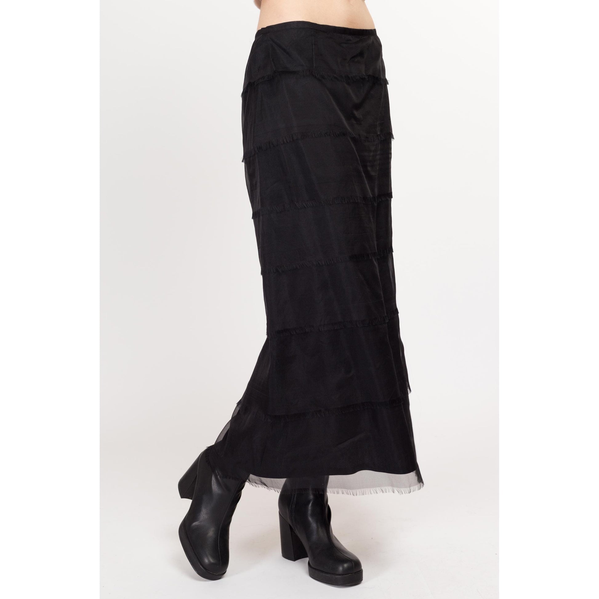 Medium 90s Tadashi Black Silk Tiered Maxi Skirt 29" | Vintage Fringe Gothic Formal High Waisted Skirt