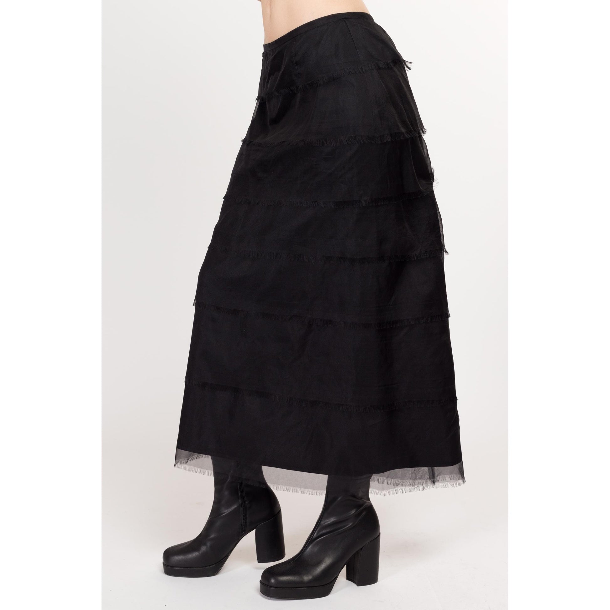 Medium 90s Tadashi Black Silk Tiered Maxi Skirt 29" | Vintage Fringe Gothic Formal High Waisted Skirt
