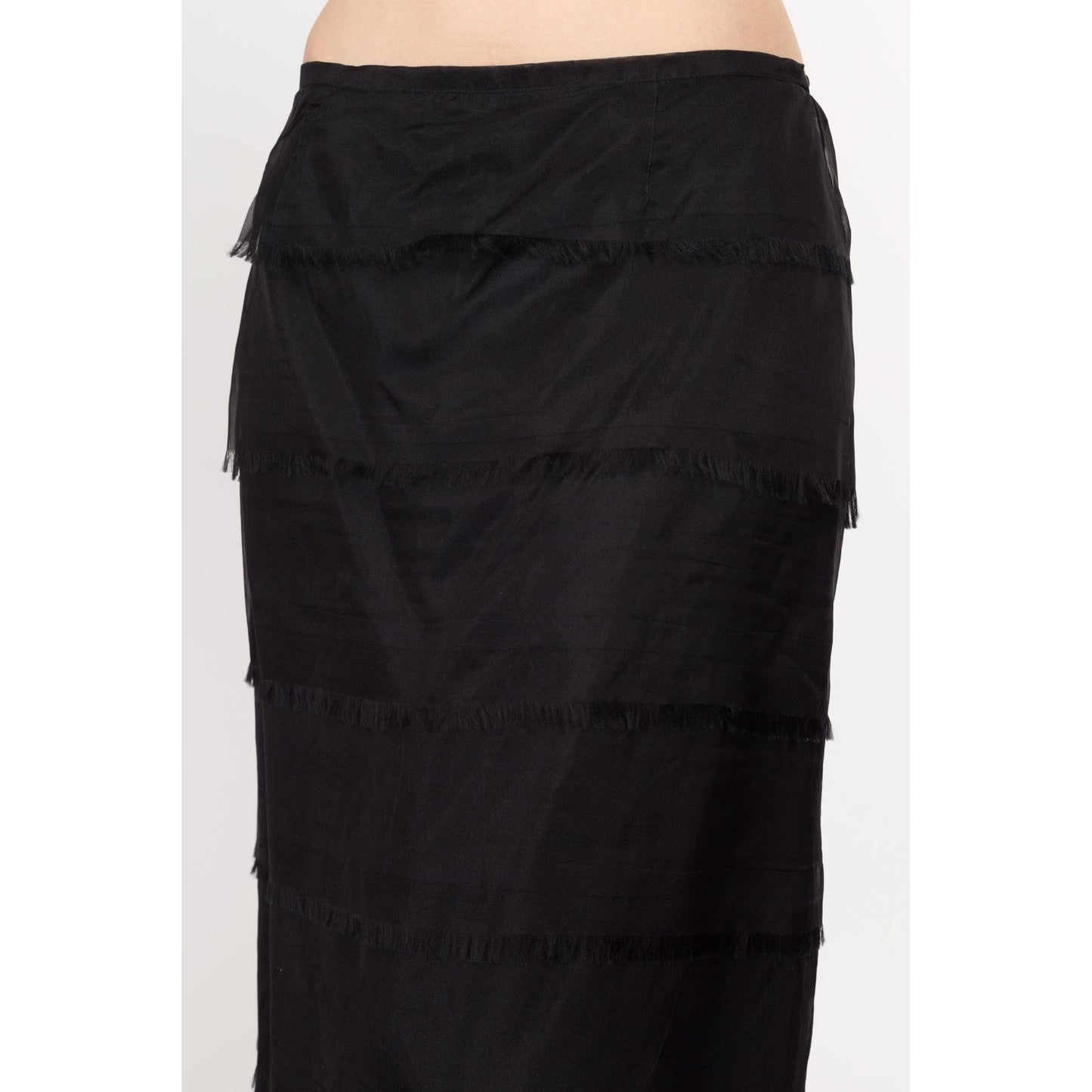 Medium 90s Tadashi Black Silk Tiered Maxi Skirt 29" | Vintage Fringe Gothic Formal High Waisted Skirt