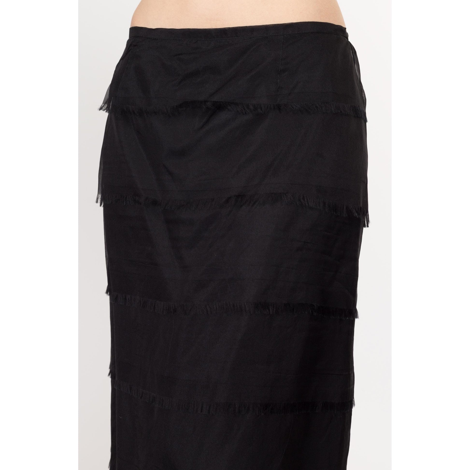 Medium 90s Tadashi Black Silk Tiered Maxi Skirt 29" | Vintage Fringe Gothic Formal High Waisted Skirt