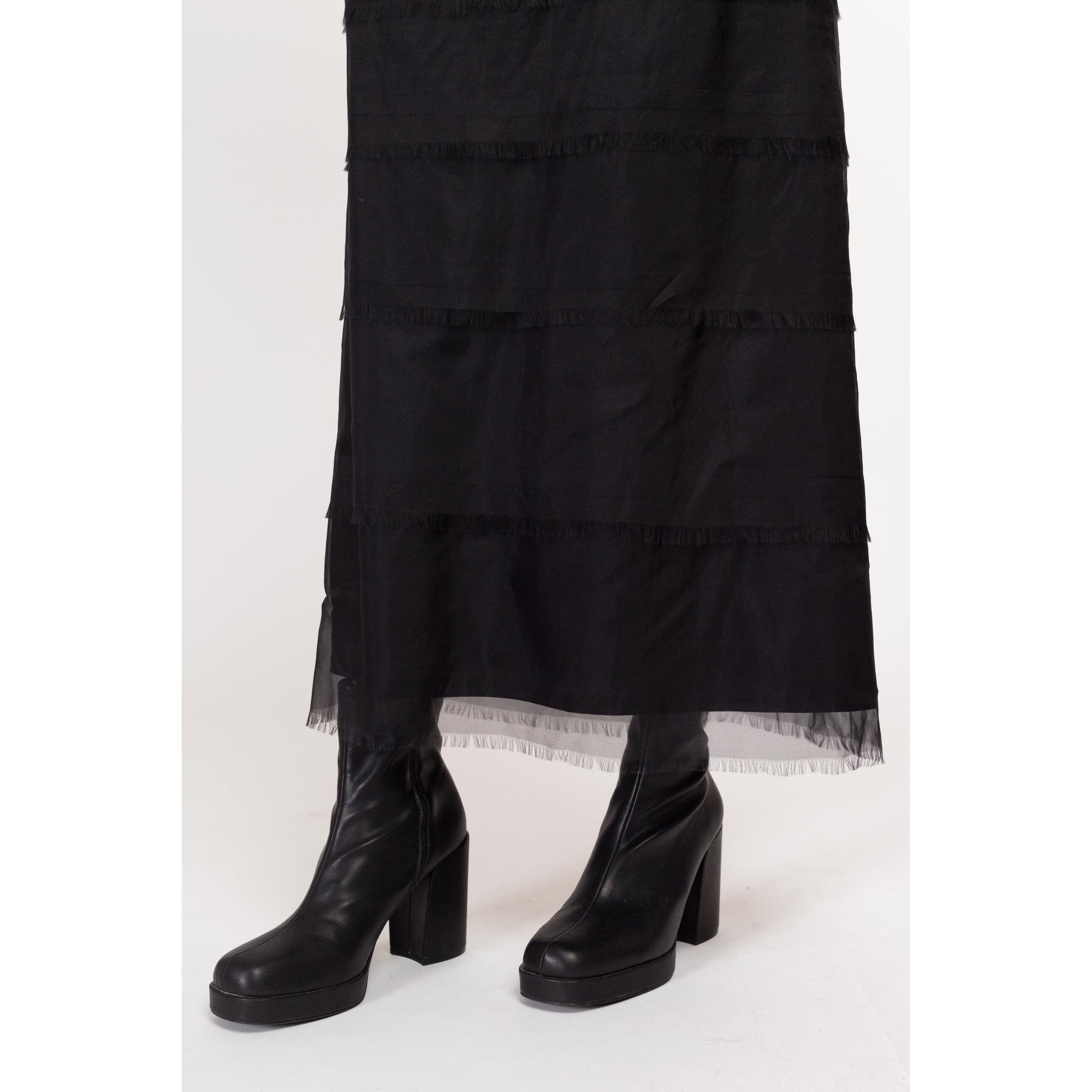 Medium 90s Tadashi Black Silk Tiered Maxi Skirt 29" | Vintage Fringe Gothic Formal High Waisted Skirt