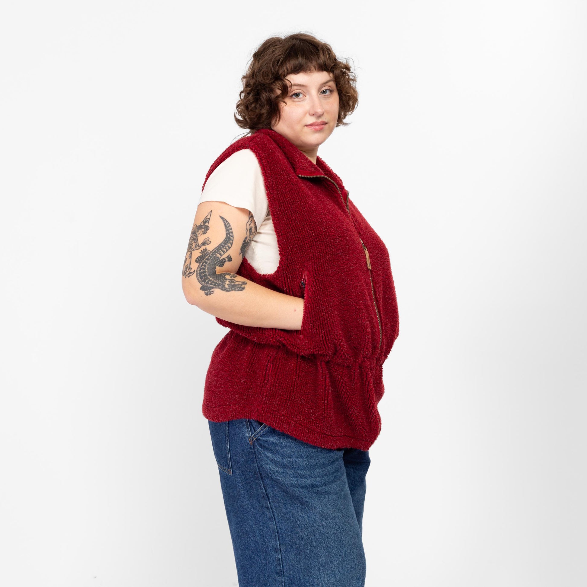 XL 90s Columbia Rust Red Fleece Vest | Vintage Drawstring Waist Zip Up Sleeveless Sweatshirt